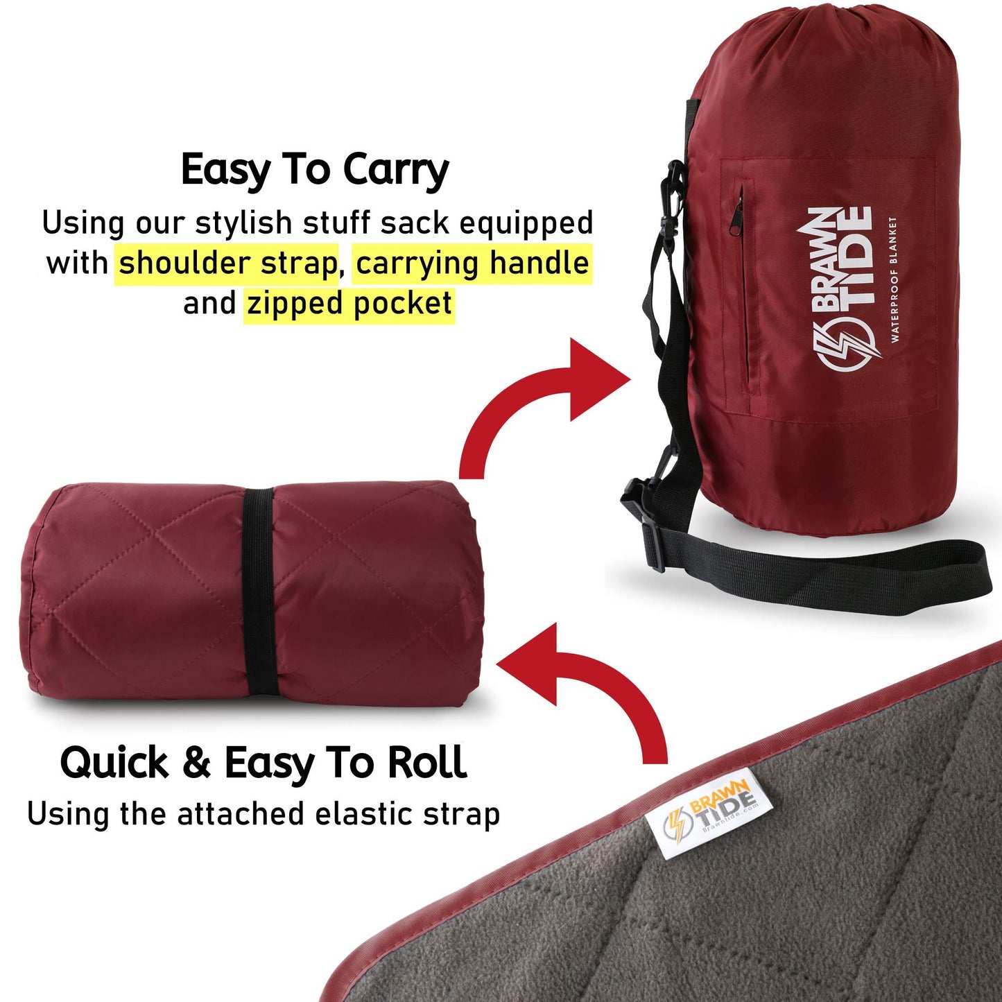 BRAWNTIDE Large Outdoor Waterproof Blanket - Quilted, Extra Thick Fleece, Warm, Windproof, Ideal Stadium Blanket, Camping Blanket, Great for Beaches, Festivals, Parks, Grass, Yoga, Pets, Dogs (Wine)