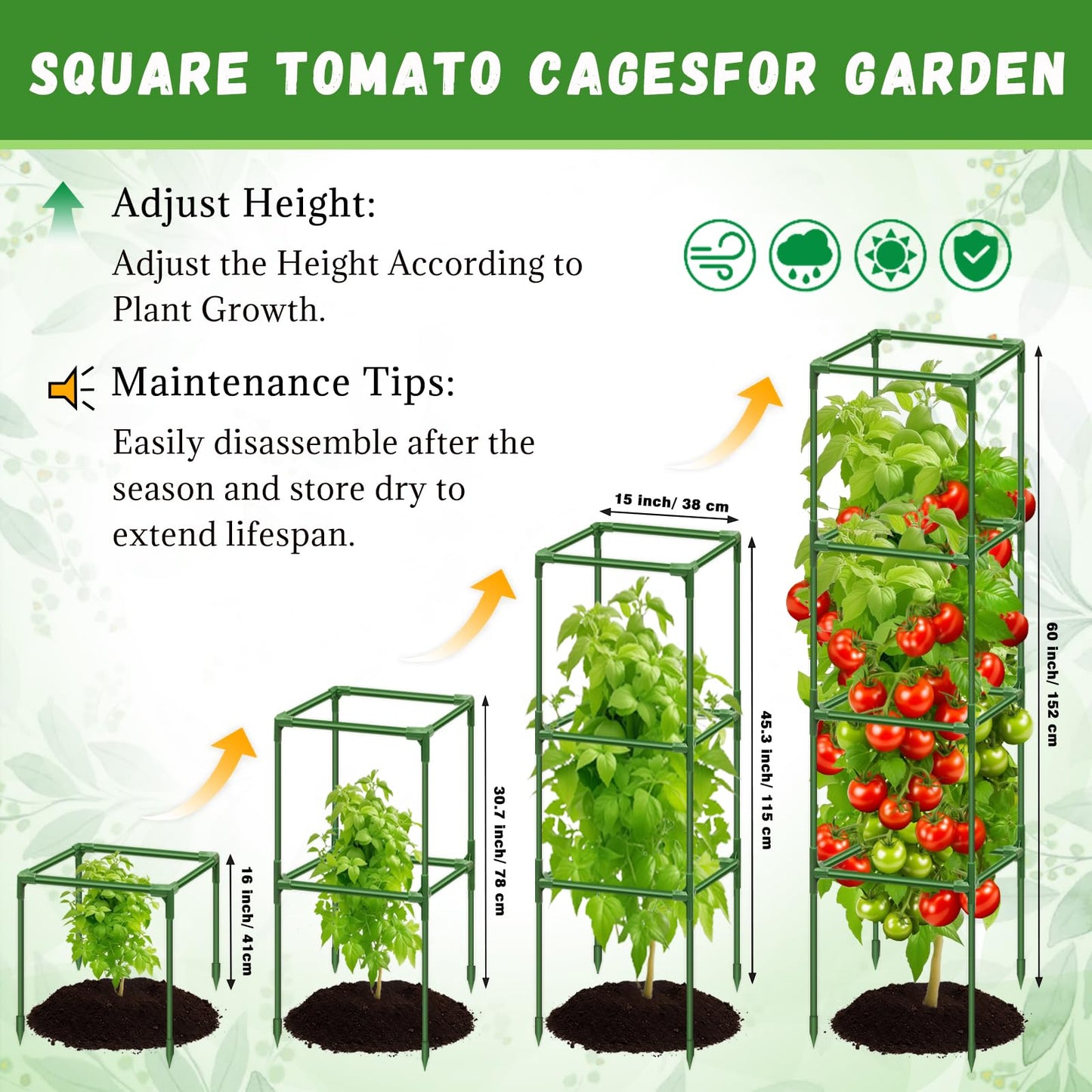 Riare 4 Pack Square Tomato Cages for Garden Plant Support- Up to 60 Inch Tomato Cage Garden Stakes Tomato Trellis for Potted Plants Raised Garden Bed Climbing Vegetables Flowers Outdoor Indoor