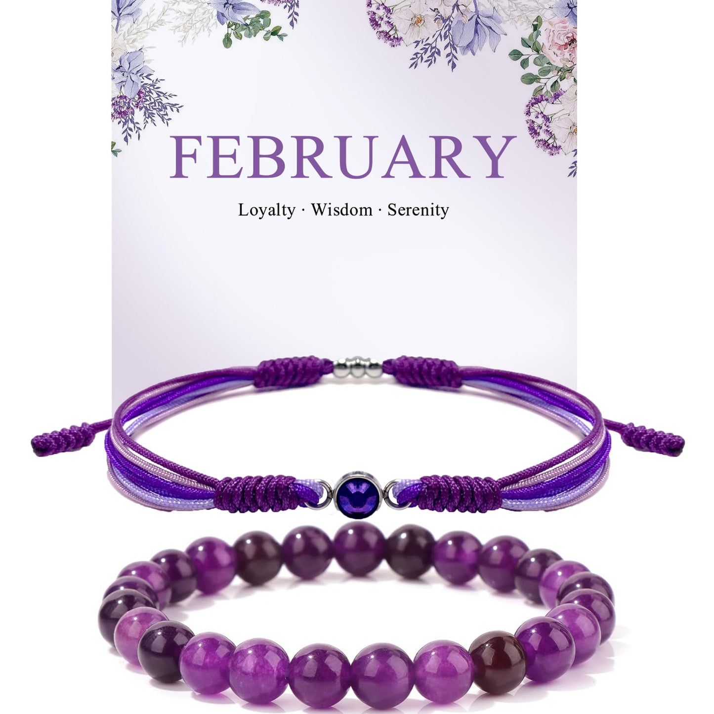 Crgwxzl February Birthstone Bracelets for Women Men,Healing Crystal Protection Stone Amethyst Beads Bracelet,String Wrap Zodiac Month Bracelets Birthday Jewelry Gifts