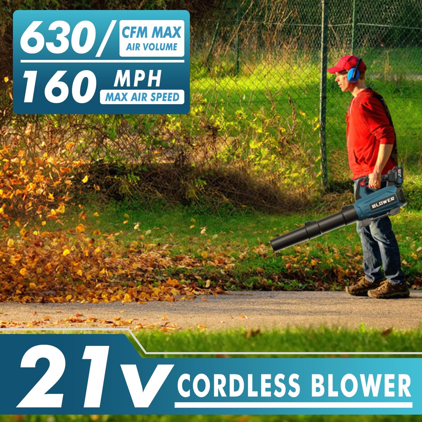 Leaf Blower Cordless - 630CFM/160MPH, 21V Powerful Electric Cordless Leaf Blower with 2 x 4.0Ah Batteries and Charger, Battery Powered Leaf Blowers for Lawn Care, Patio, Yard, Dust, Snow