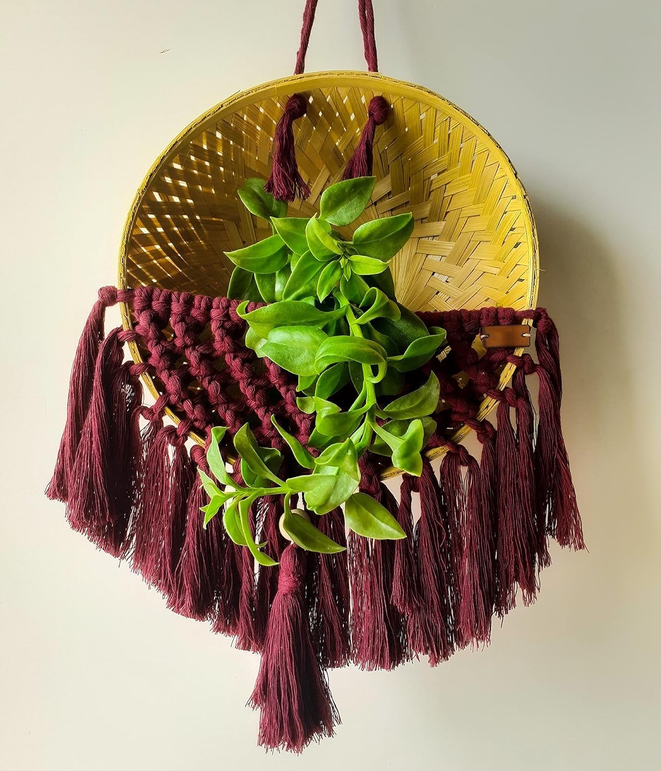 Macrame Plant Basket, Handmade, Burgundy