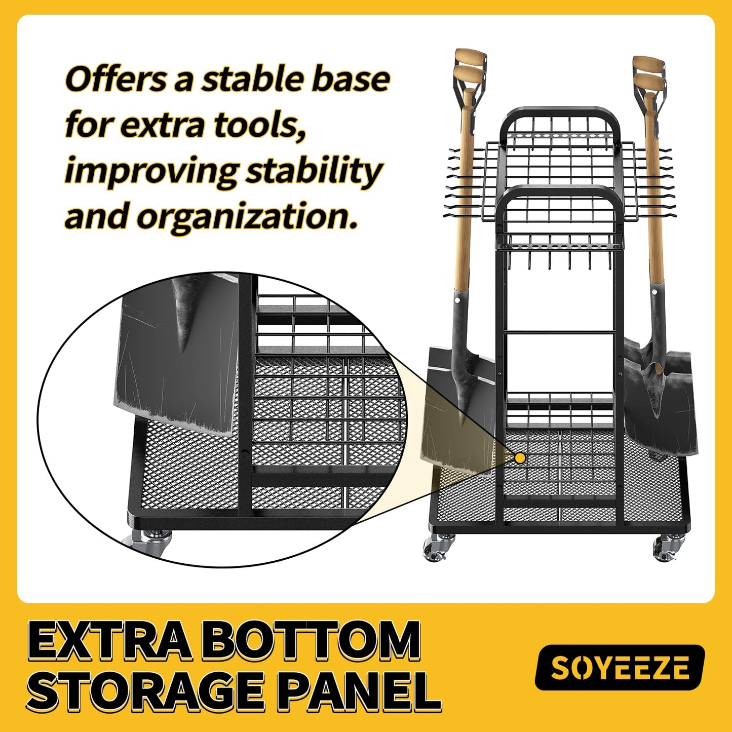 SOYEEZE Garden Tool Organizer with Lockable Wheels, Heavy Duty 3-Tier Yard Tower Tool Rack for Garage, Holds Up to 35 Long-Handled Tools, Garden Tool Cart with 12 Hooks for Tool Organization Storage