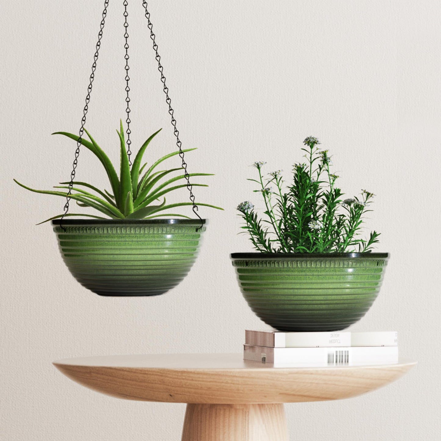 Vanslogreen 12 inch Hanging Planters for Indoor Outdoor Plants, 2 Pack Large Hanging Flower Pots with Drainage Holes and Chain, Glazed Hanging Baskets for Home Garden Decoration, Green