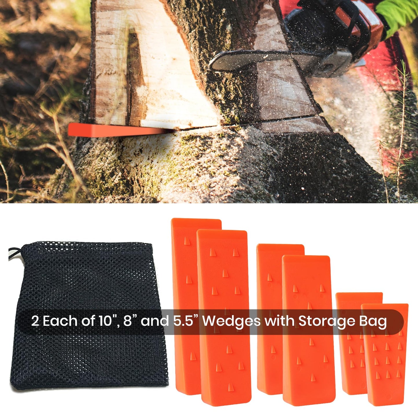 6 Pack Tree Felling Wedges with Spikes for Safe Tree Cutting – 2 Each of 10", 8” and 5.5” Wedges with Storage Bag; 6 Felling Dogs to Guide Trees Stabilize and Safely to Ground for Loggers and Fallers