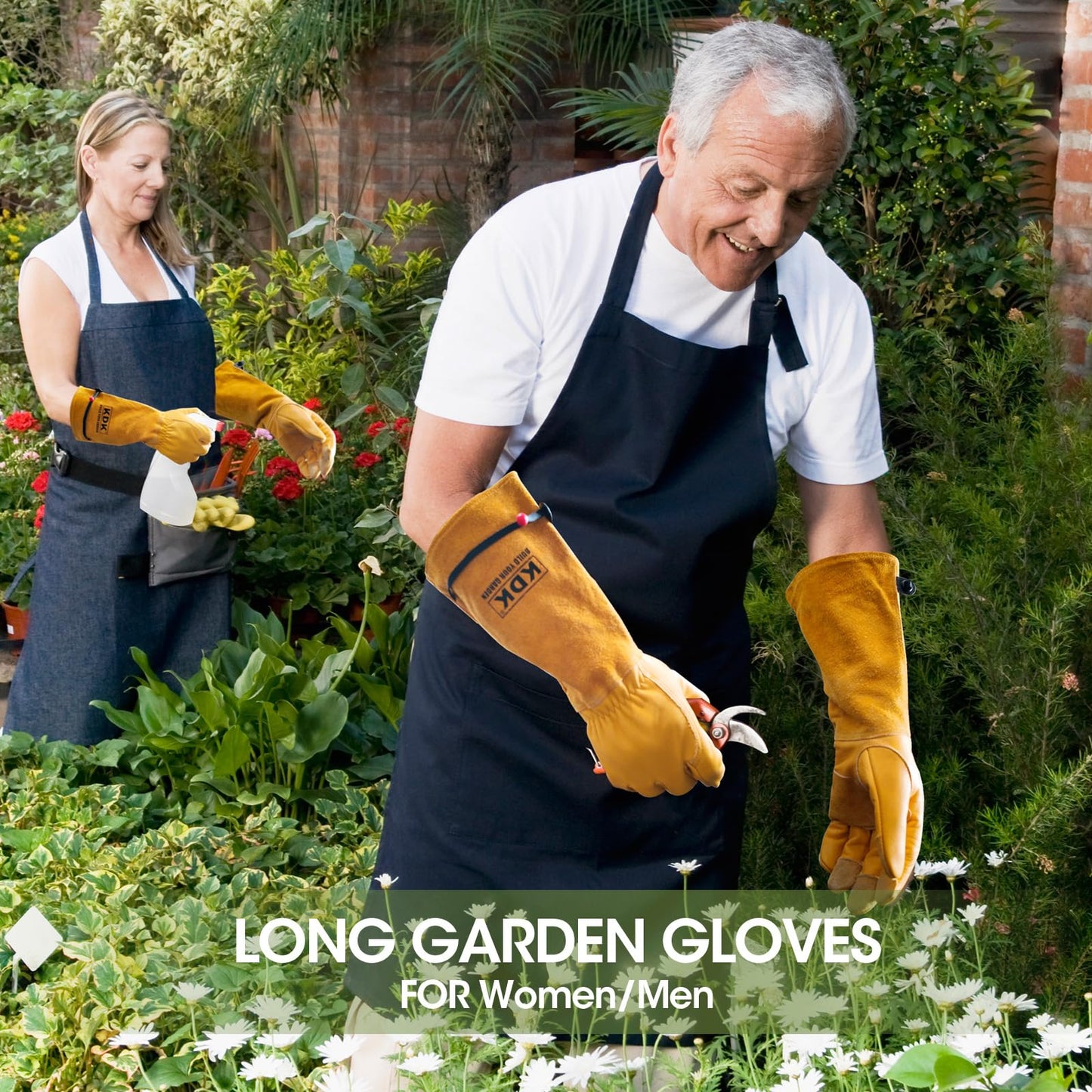 KDK Long Cowhide Gardening Gloves for Women Men, Thorn Proof Garden Gloves for Rose Pruning, Cactus Heavy Duty Gauntlet (L)