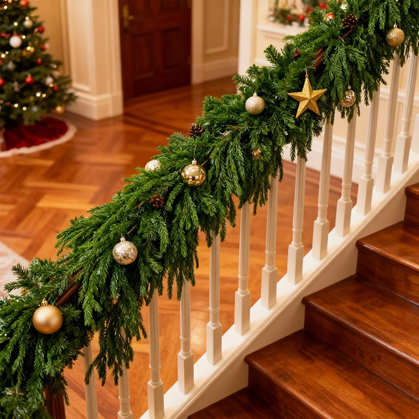 SEHAUSEU 6FT 2 Pcs Norfolk Pine Garlands, Realistic-Feel Christmas Cedar Garland with Thick & Soft Texture, Suitable for Mantels/Tables/Staircases/Door Frames, Christmas Decorations