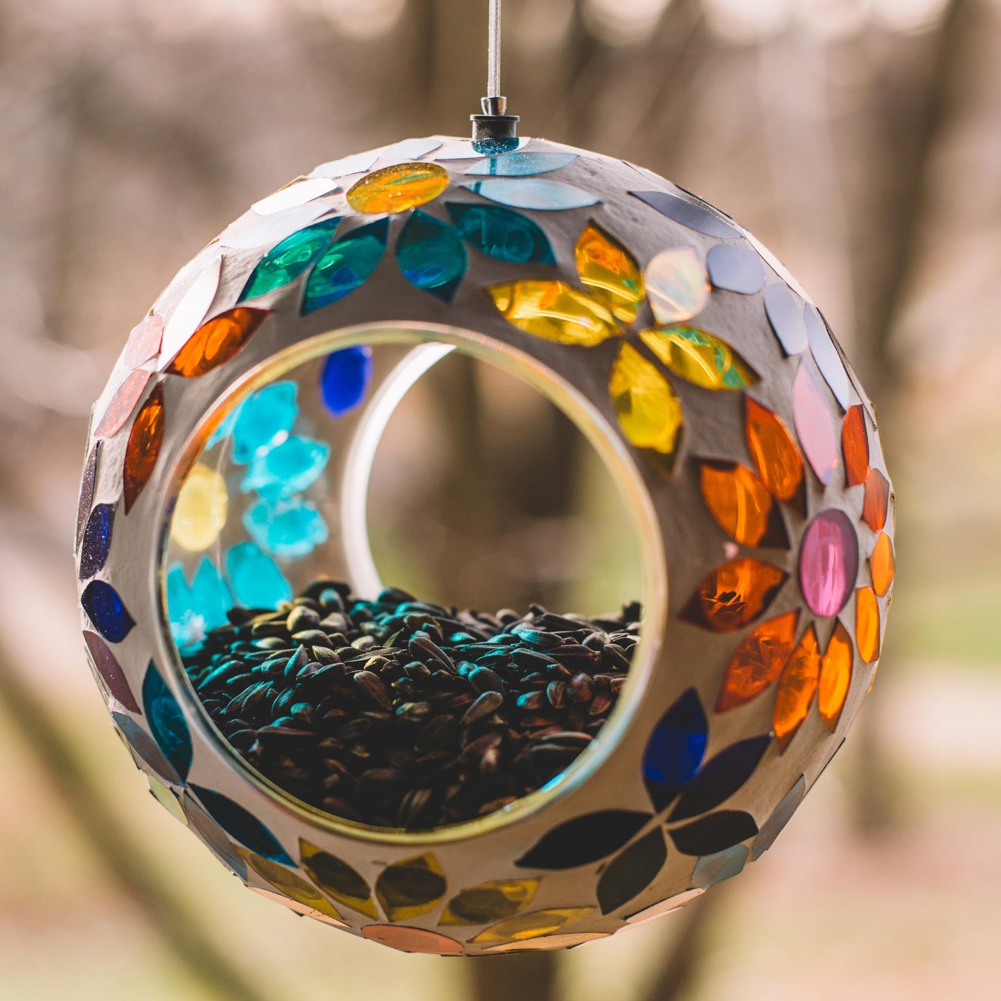 Backyard Expressions Hanging Glass Bird Feeder - Multicolor - Fly Through Bird Feeders for Outside, Mosaic Bird Feeder, Round Shape Wild Birdfeeder