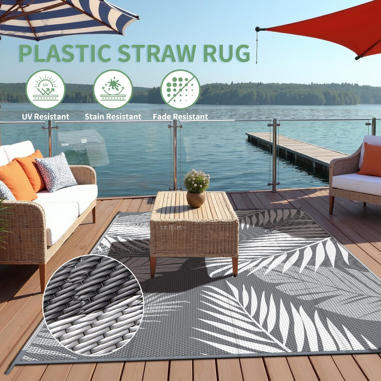 sarben Outdoor Rug 8’x10’ Waterproof for Patio Clearance, Reversible Indoor Outdoor Plastic Straw Camping Rug Carpet, RV Mat, Large Area Rug for Deck, Backyard, Balcony, Porch, Beach, Grey & White