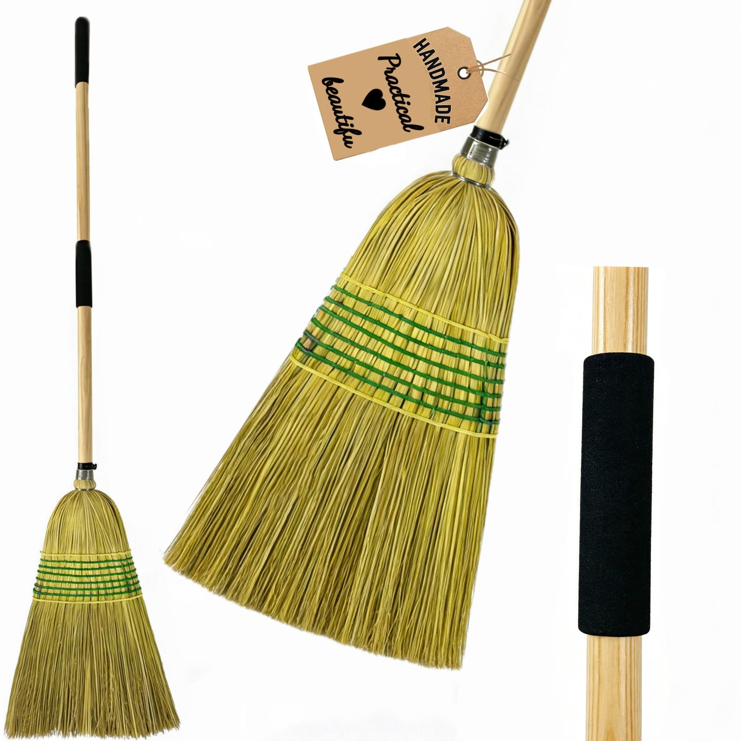 Straw Broom,Handmade Corn Broom Made from Natural Corn stalks, Outdoor Broom Equipped Wooden Handle. Natural Broom Reinforced