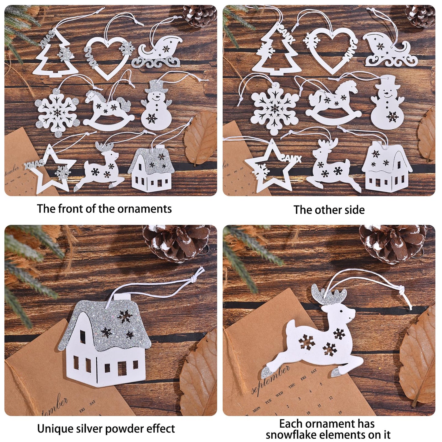 27Pcs Pieces Christmas Wooden Tree Decorations, White Silver Hanging Ornaments Set, Winter Holiday Party Snowflake Elk Snowman Decor Crafts for Xmas Wonderland Home Door Wall Window Box (White Silver)