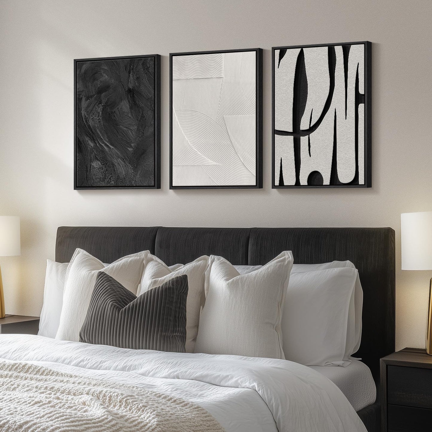 Framed Black and White Abstract Wall Art, 3 Piece Modern Canvas Prints Paintings Art for Walls, Minimalist Black White Abstract Pictures for Living Room Bedroom Dining Room Office Wall Decor 16x24 In