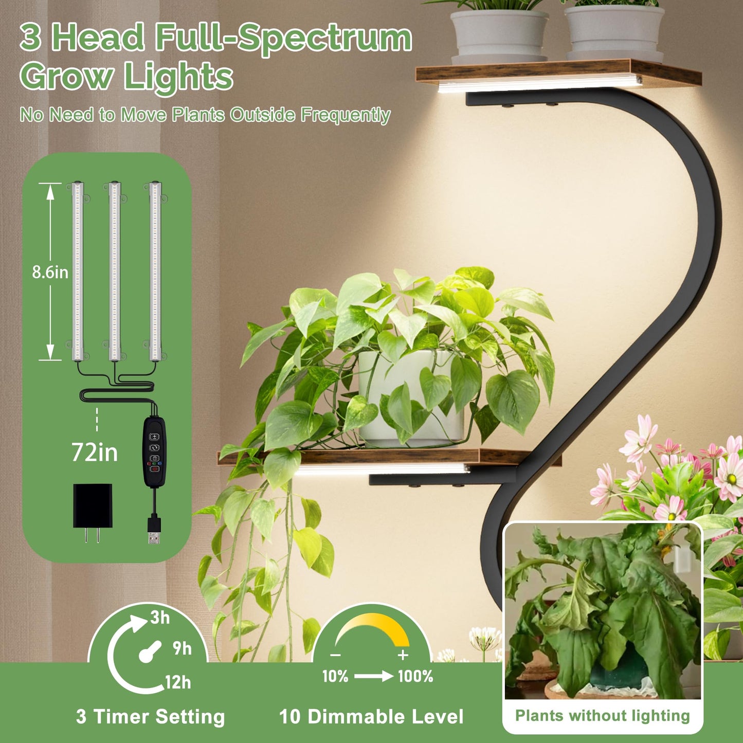 CODACE Plant Stand Indoor with Grow Lights - Tall Corner Plant Shelf, 7 Tiered Plant Stands for Indoor Plants, Metal Flower Plant Rack, Curved-Shaped Inoor Plant Holder for Living Room, Patio（Black