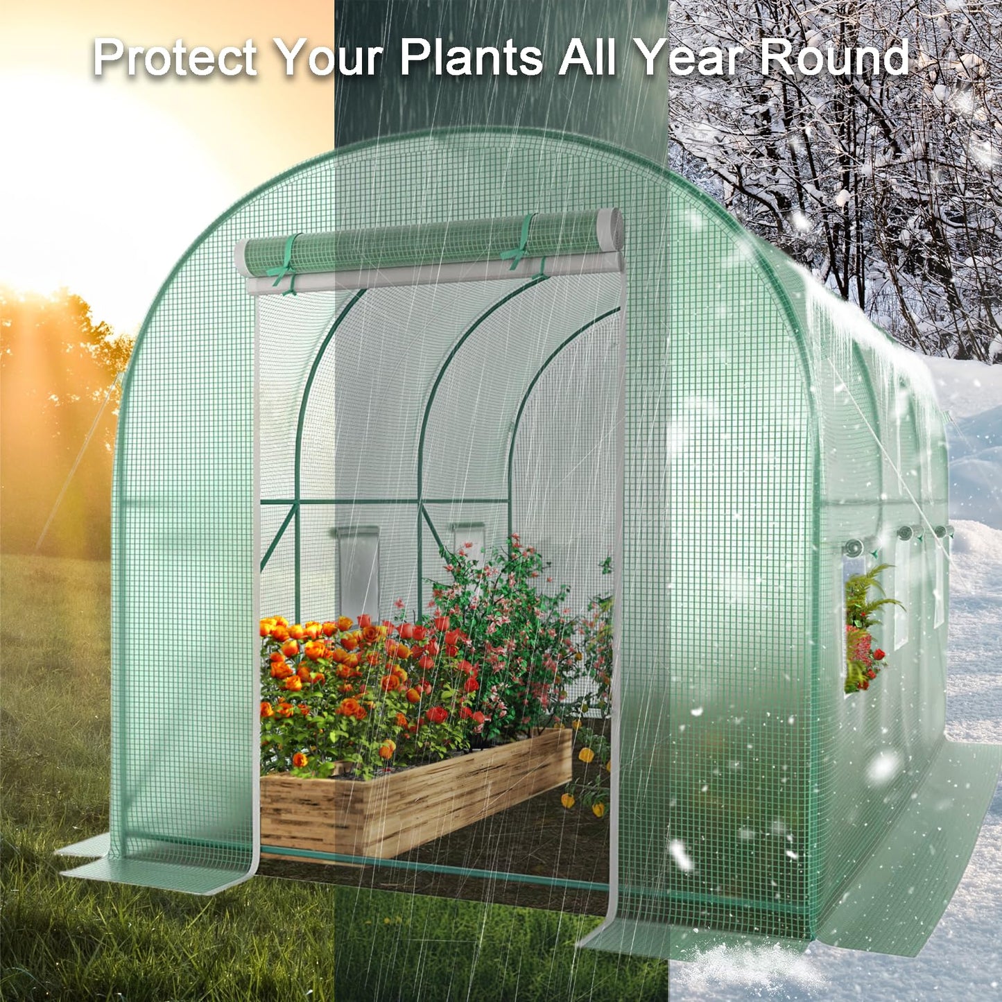 Walk-in Greenhouse, 10x7x7 FT Heavy Duty Tunnel Green House for Outdoors, Portable Green Houses for Outside, Winter Hot House with Metal Frame & Roll-up Zipper Door Screen Windows