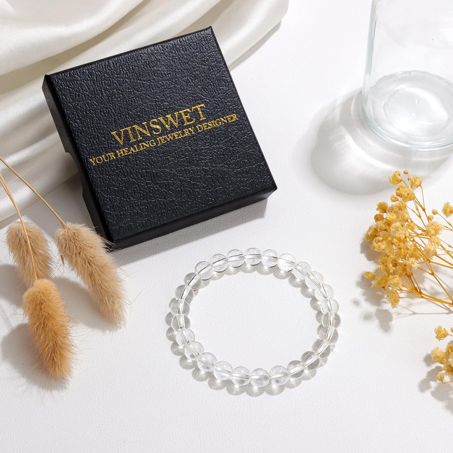 Vinswet Healing Crystal Bracelets for Women Men 8mm Clear Quartz Natural Stone Beaded Stretch Bracelet Handmade Gemstone Reiki Spiritual Jewelry Gifts