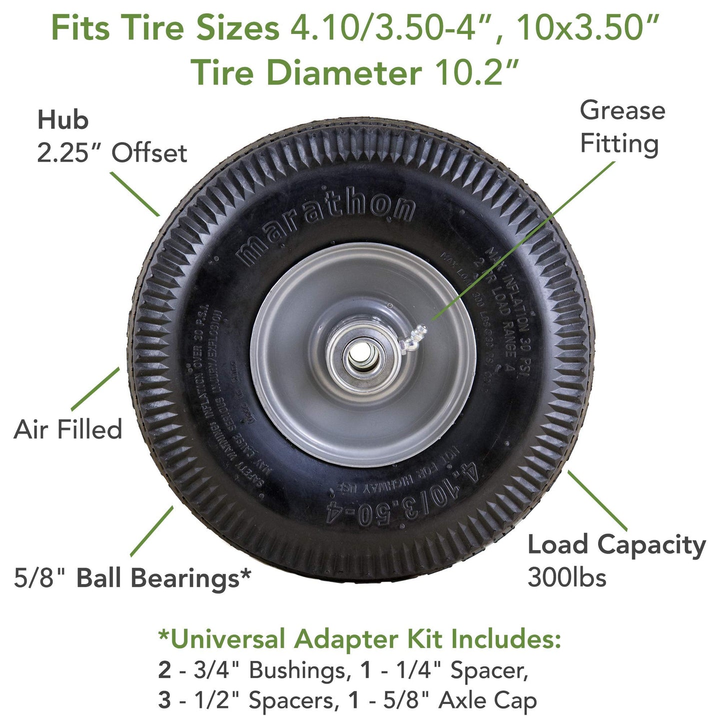 Universal Fit 4.10/3.50-4 Air Filled Hand Truck/Utility Tire, 5/8" Bearings,2.25" Offset to 4" Hub, Adapter Kit Included