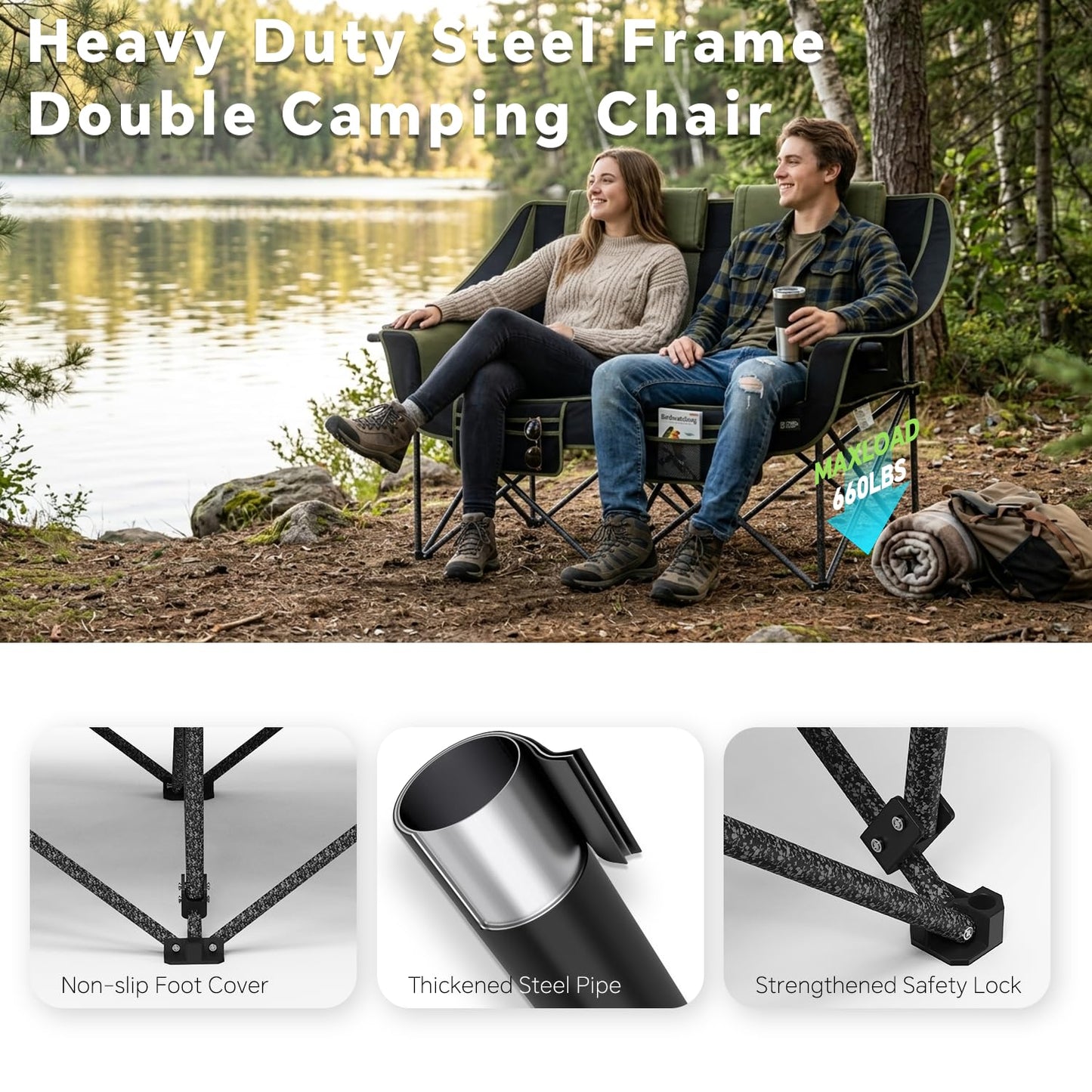 Heavy Duty Double Camping Chair with Padded Camping Loveseat – Oversized 2 Person Folding Camping Chair for Adults,Portable Camping Sofa with Cup Holders & Carry Bag for Outdoor Lawn, Beach or Patio