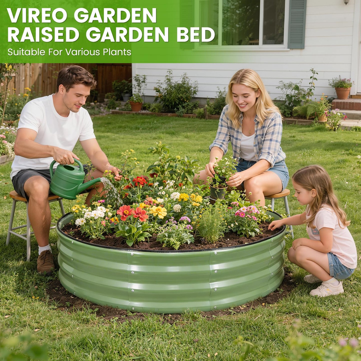 VIREO GARDEN Galvanized Raised Garden Bed Outdoor 2Pcs | 4x4x1ft Metal Raised Beds for Gardening with Safety Rubber Strip | Round Planter Box for Plants Like Vegetables Fruits Flowers, Olive Green