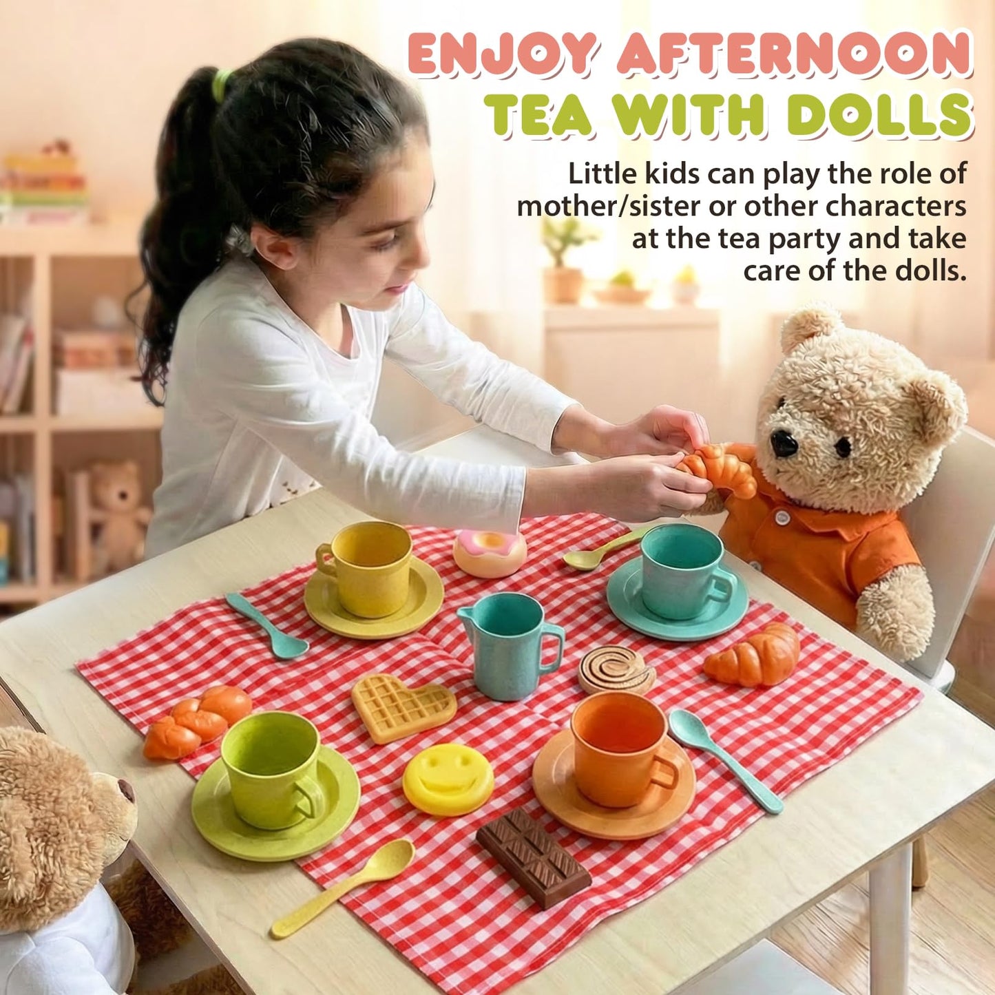 HERSITY Picnic Basket Toys for Toddlers, Kids Play Tea Sets with Teapot Tea Cup Dessert Food and Mat, Pretend Play Kitchen Accessories Tea Party Set Little Girl Boy 3 4 5 Years Old