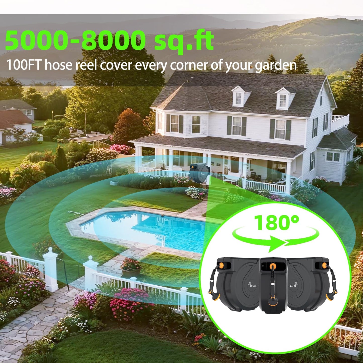 Retractable Garden Hose Reel 1/2 in x100 ft, Heavy Duty Wall Mounted Hose Reel with 10- Function Sprayer Nozzle, Any Length Lock/Automatic Slow Return System,180° Swivel Bracket