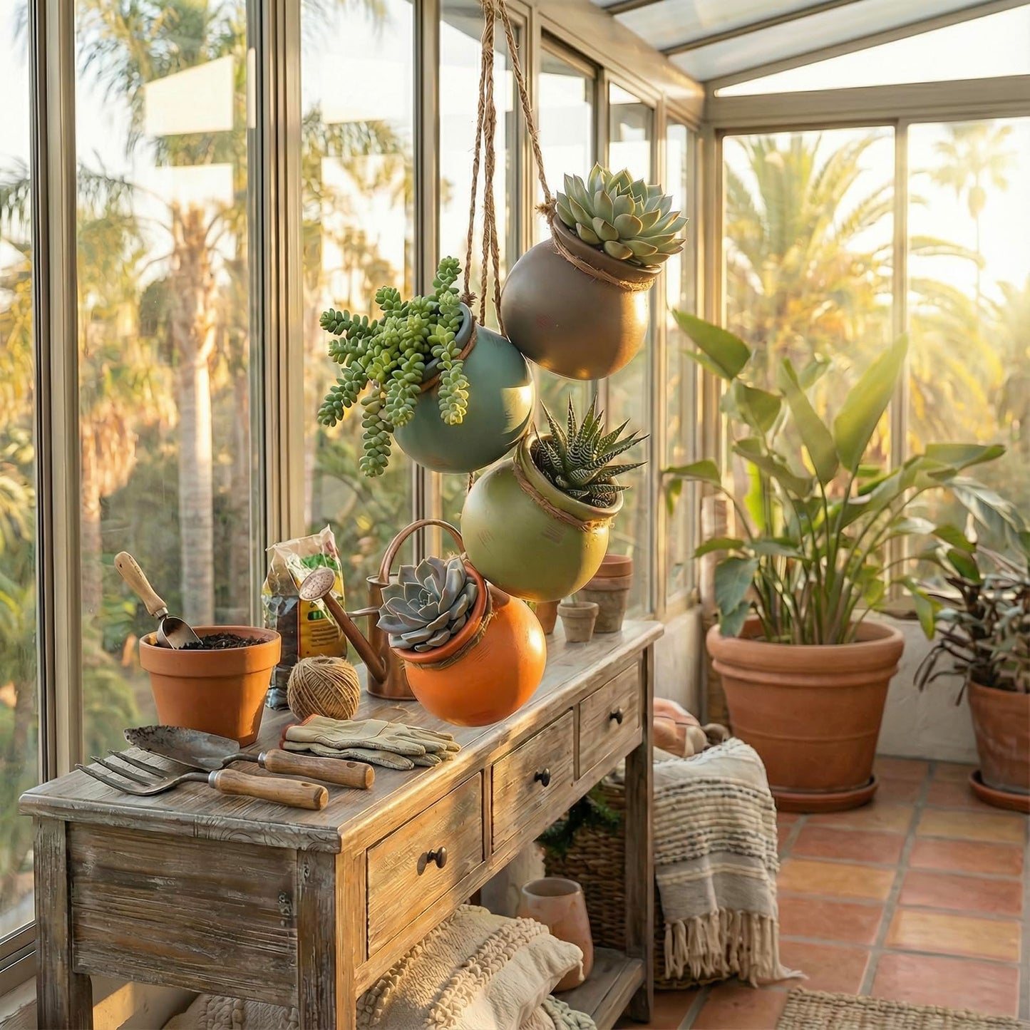 MyGift Dangling Southwest Desert Color Ceramic 4 Pot Set, Wall or Ceiling Mount Hanging Mini Flower Planters