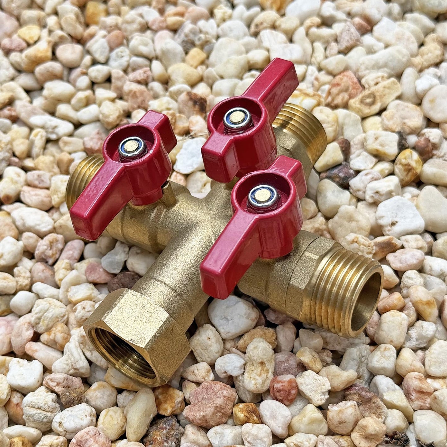 HQMPC Garden Hose Splitter Brass Hose Splitter With Stainless Steel Long Handle Brass Y Valve Water Garden Hose Adapter 3 Way Y Valve 3/4" GHT Thread Red Handle