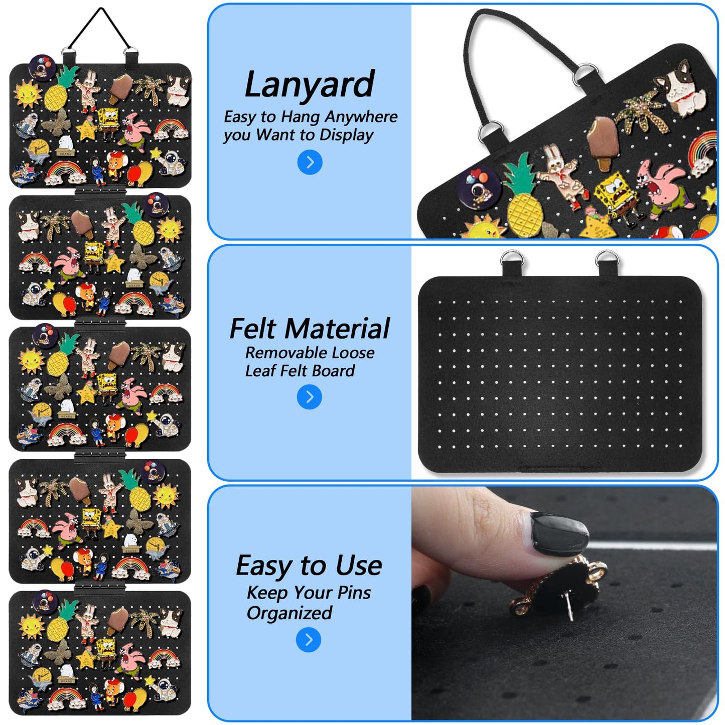 OXDFK Hanging Enamel Lapel Pin Organizer with 5 Loose-leaf Board Pieces, Removable Hanging Brooch Pin Storage Display Pages, Enamel Pin Display Panels for at Least 210 Pins (Removable)