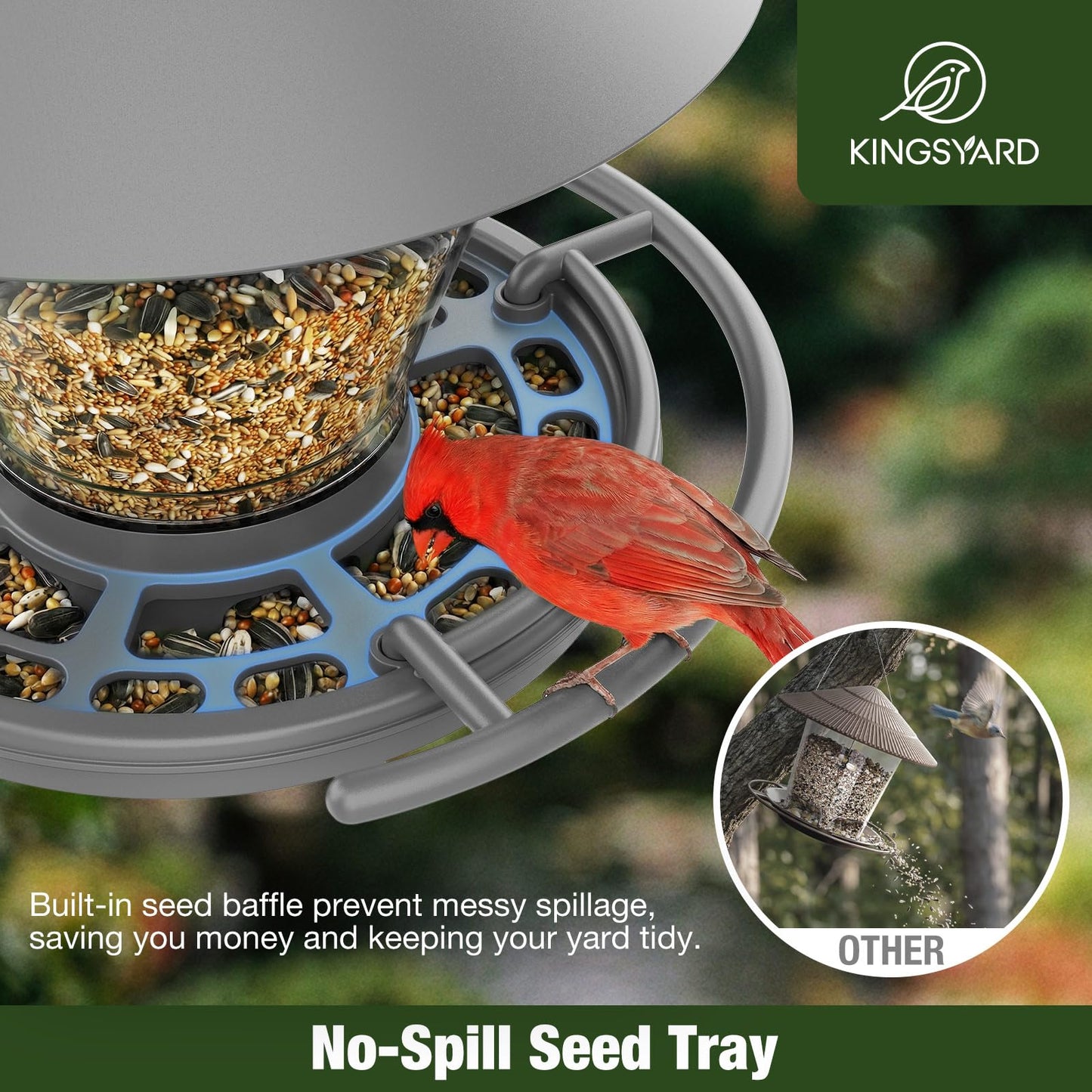 Kingsyard Wild Bird Feeder for Outdoors Hanging, No-Waste Tray with Seed Guard & Circular Perch, Garden Yard for Cardinal Finch, 4 lb Large Capacity, Grey