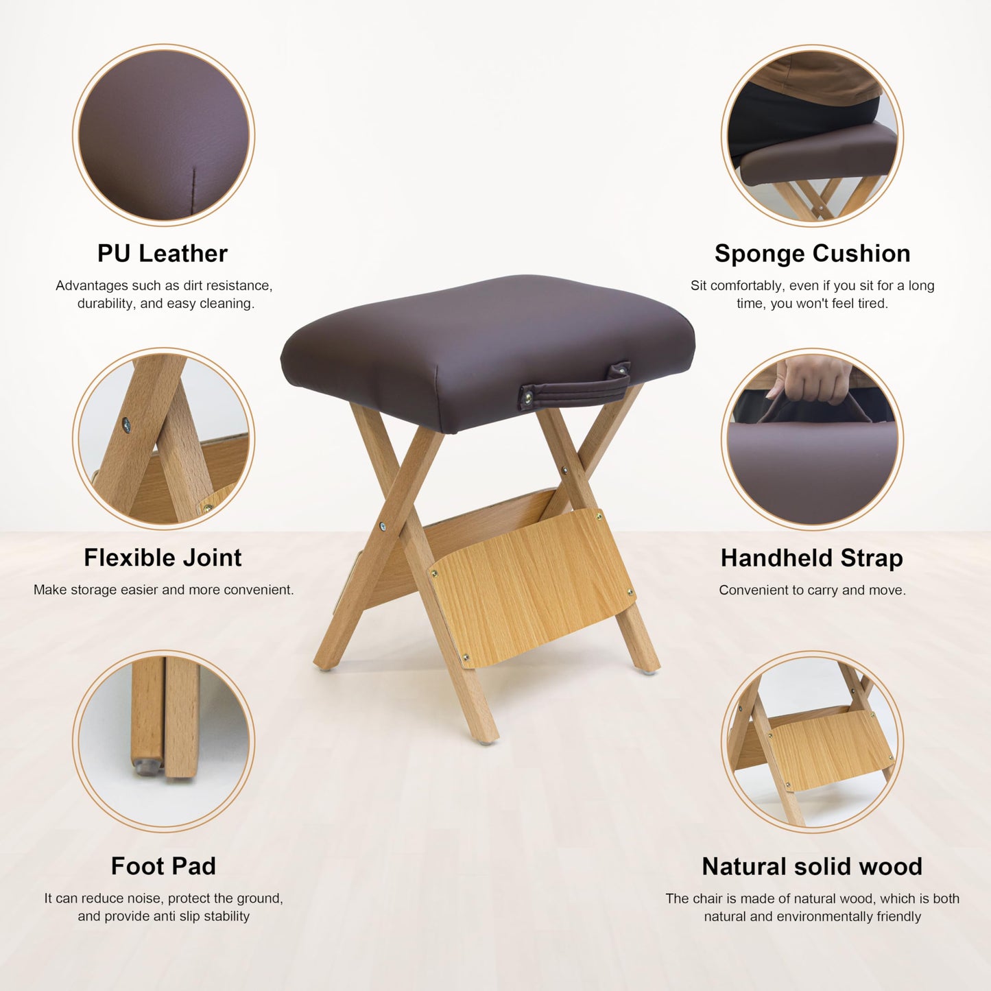 Elitzia Convenient Wooden Folding Stool SPA Beauty Salon Beautician PU Sponge Soft Hand-Held Portable Travel to Folding Low Stool Comfortable Working Wood Foldable Chair Home ET20646 (Coffee Colour)