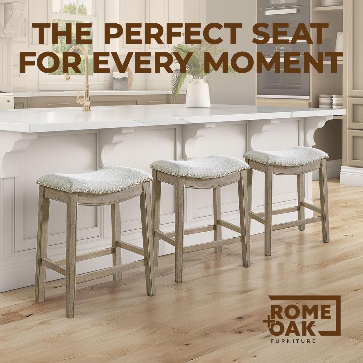ROME + OAK Parker 26 Inch Counter Stool, Backless Saddle Kitchen Barstool in Reclaimed Oak Finish with Ash Grey Fabric Upholstery Cushion Seat