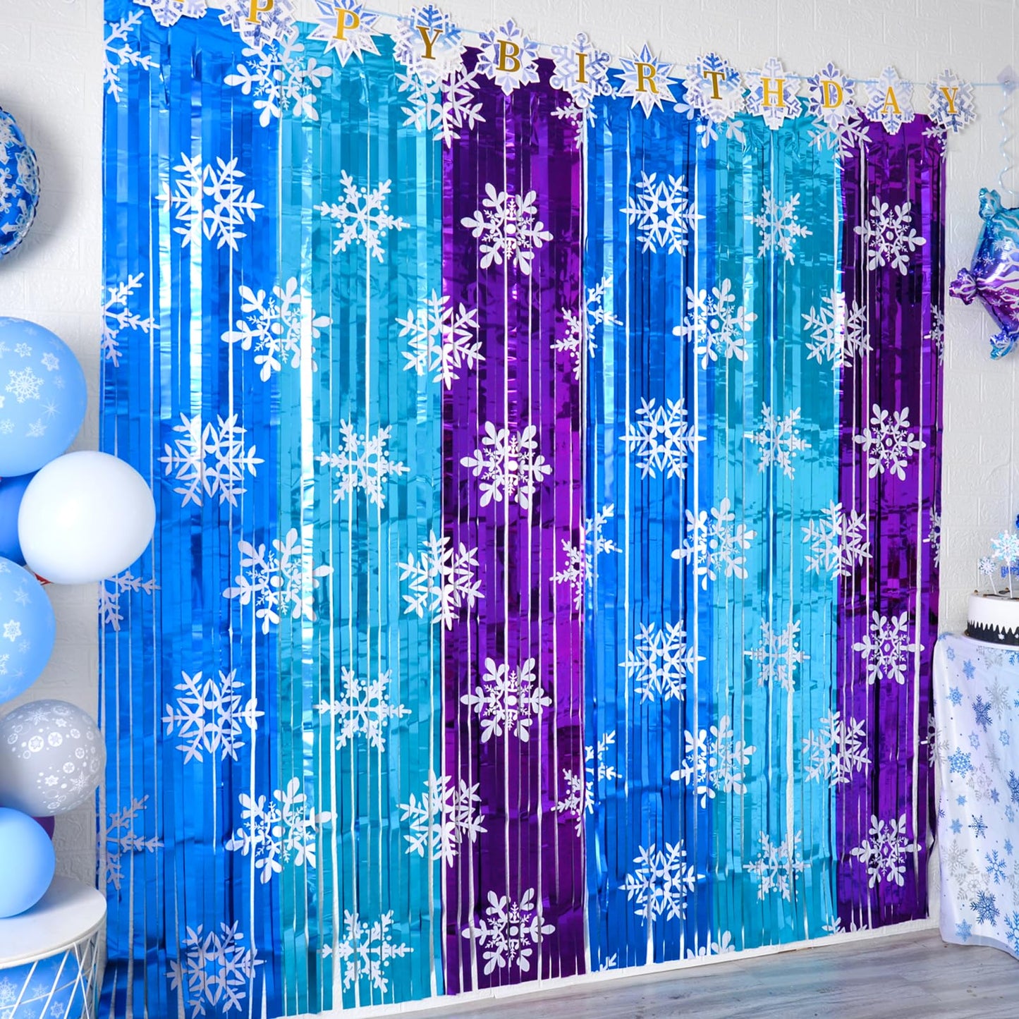 Bupelo Winter Princess Birthday Party Decorations, 2 Pack Ice Birthday Party Supplies 3.3x6.6ft Tinsel Foil Fringe Curtains, Winter Photo Booth Prop Backdrop Streamer, Snowflake Birthday Party Decor