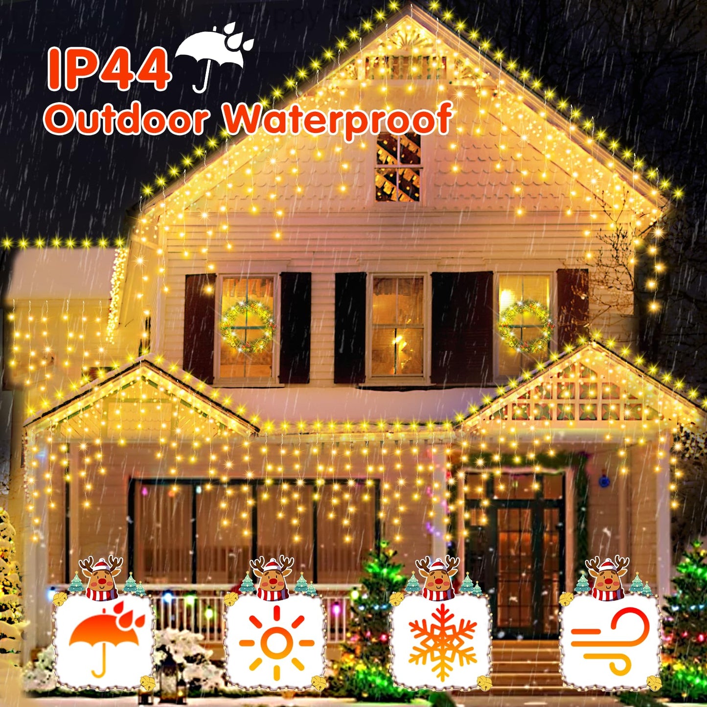 JREWDOIN 131FT Christmas Lights Outdoor 1440 LED Christmas Decorations Waterproof Plug in with 8 Modes & Timer Christmas Lights for Roof Party Garden Holiday Decor（Warm White）