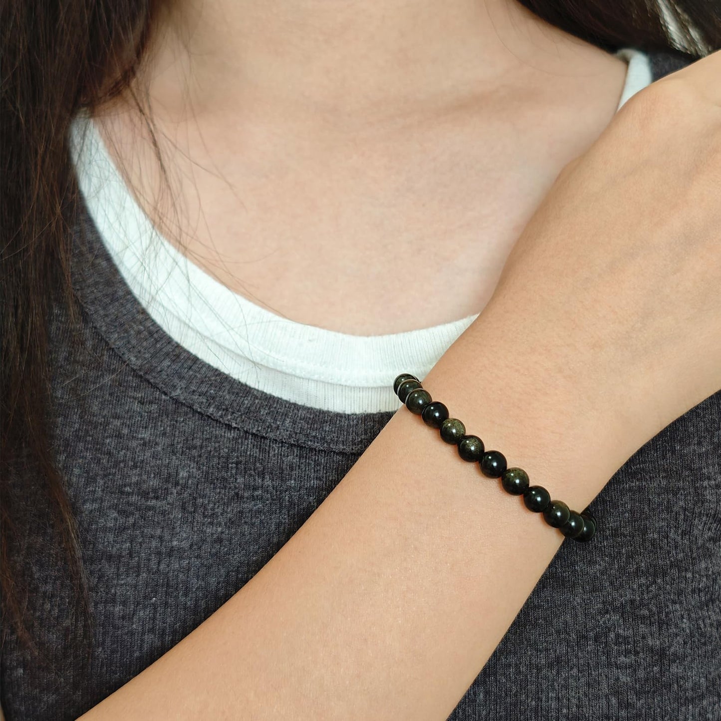 CHCCOYE 6mm Natural Healing Gemstone Bracelet Handmade Yoga Stretch Elastic Bracelet Stress Relief Crystal Jewelry for Men and Women (6mm, Golden Obsidian)
