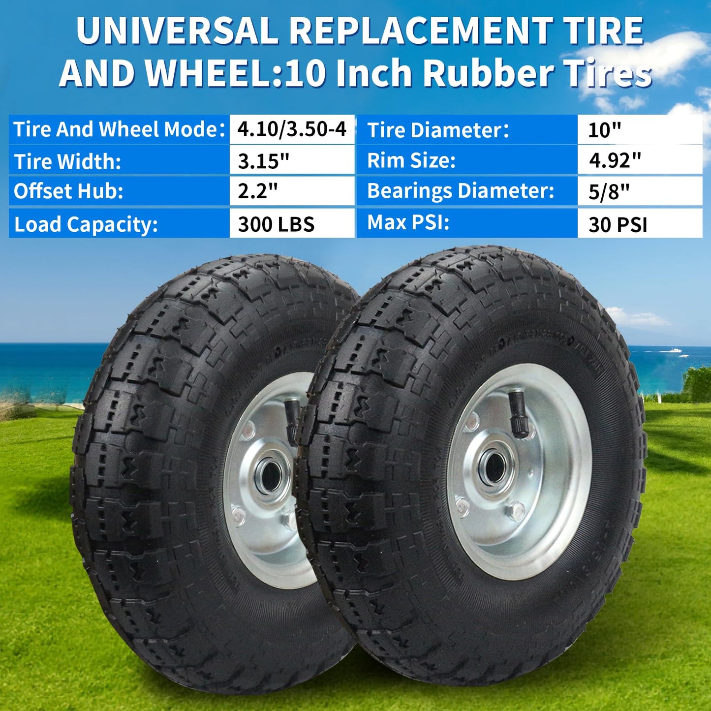 (2 Pack) RRQ 10 Inch Pneumatic Wheel 4.10/3.50-4 Tire, 10" Pneumatic Wheels with 5/8" Bearings,2.2" Offset Hub for Garden Cart, Hand Truck, Lawn Cart, Mower