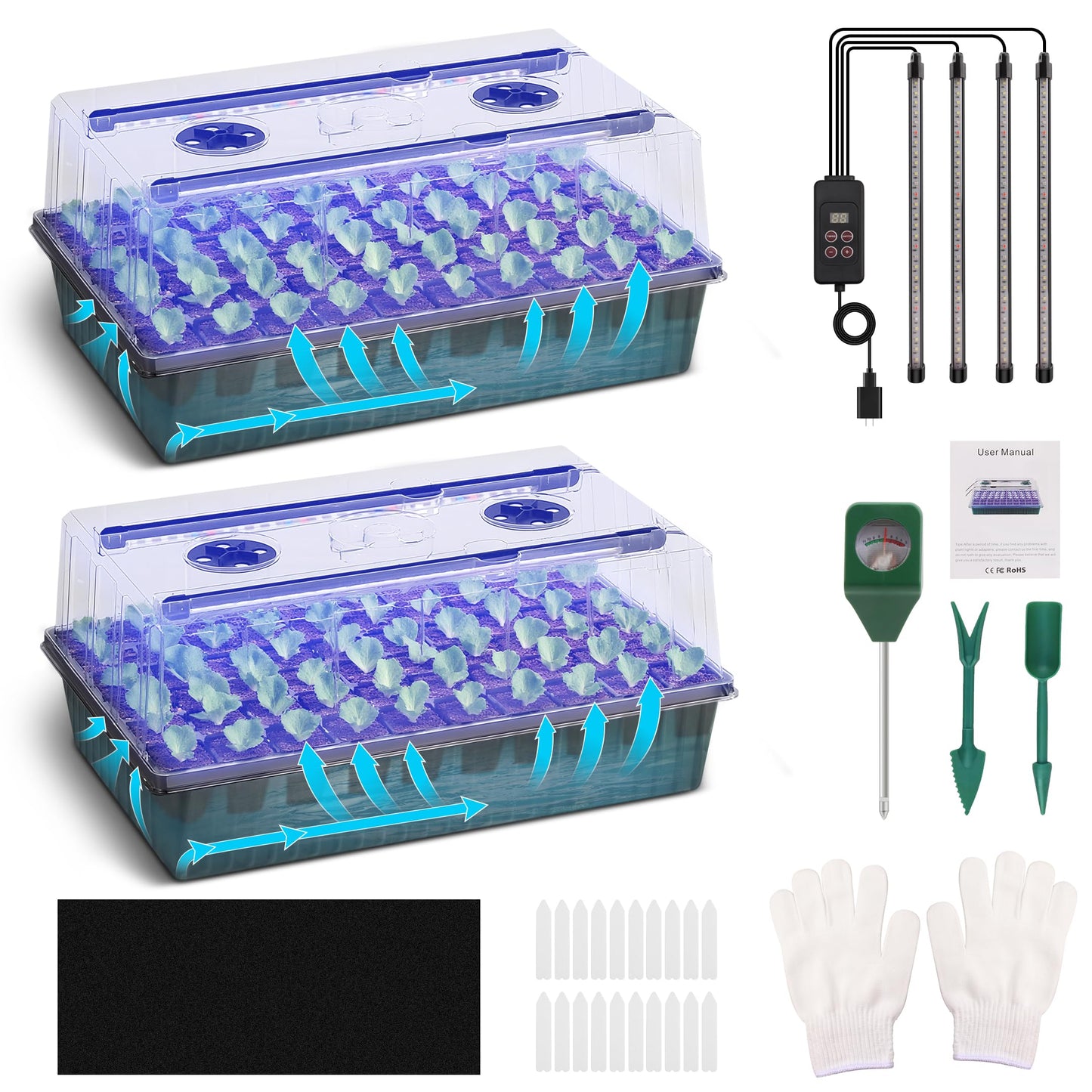 120-Cell Self-Watering Seed Starter Tray with Grow Light, 1–24H Timer, Humidity Dome, Soil pH Meter, Gloves, Seedling Tools – Indoor Seed Starting Kit for Plant Germination, Herbs, Vegetables, Flowers
