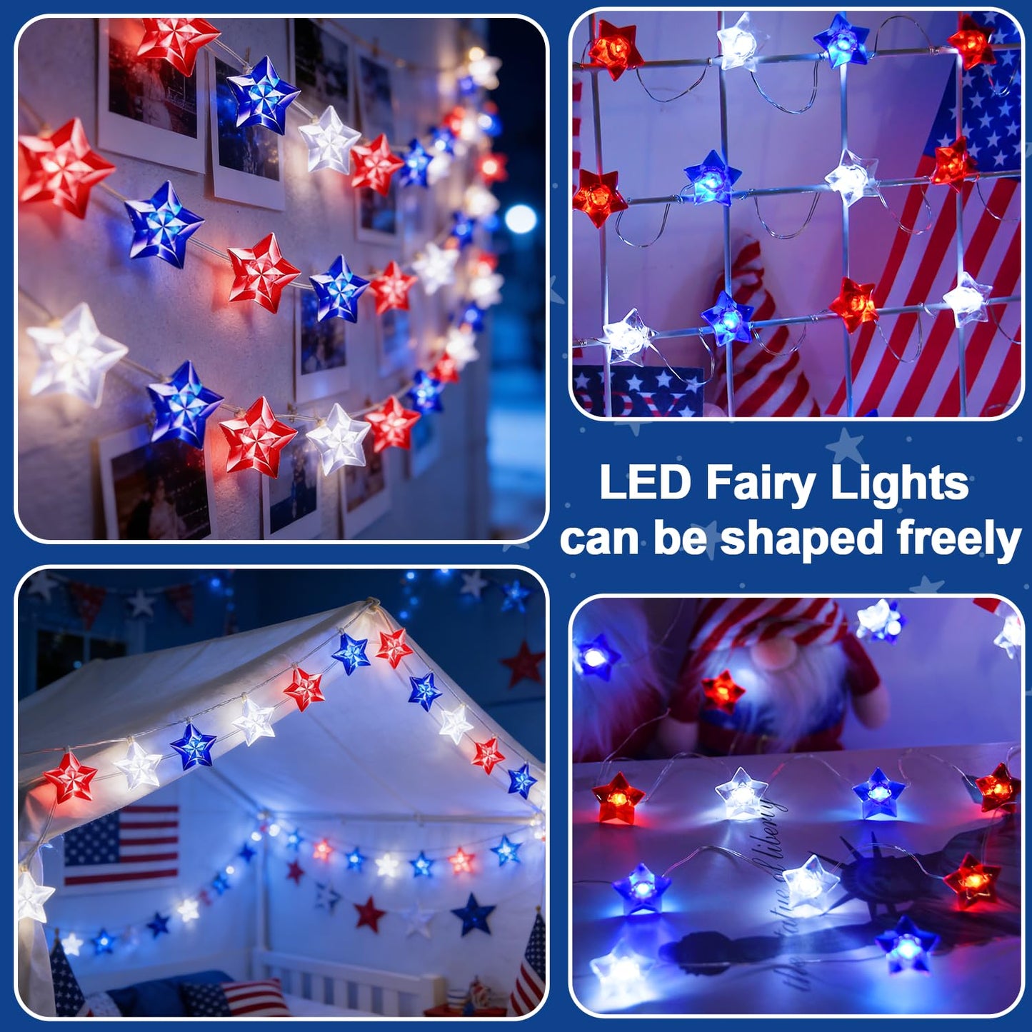 100 LED 4th of July Decorations American Star Fairy Lights Battery Operated, 2 Sets Mini Red White and Blue Star Twinkling Lights Remote & Timer with 8 Modes for Home Memorial Day Patriotic Decor