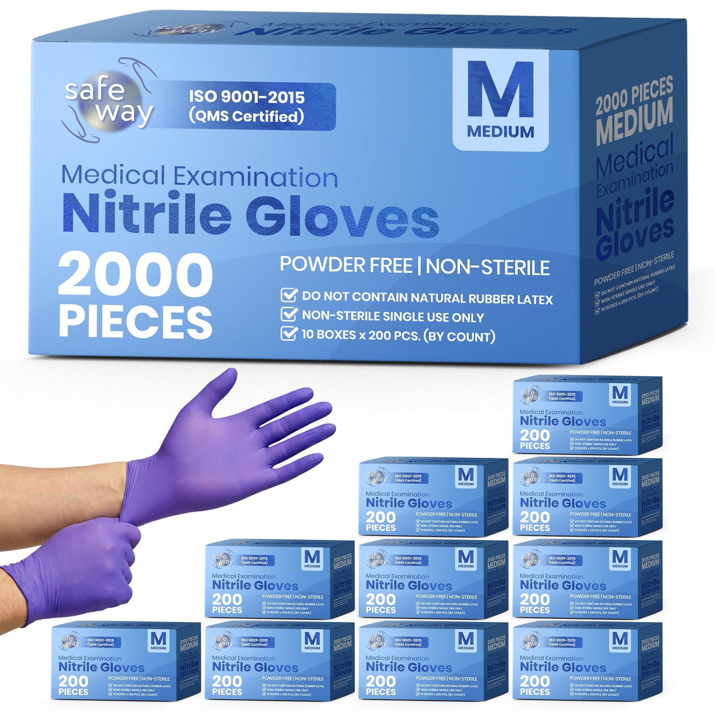 SAFEWAY USA 2000 pcs, Medium, 4 Mil Nitrile Disposable Gloves — Multi-Purpose Powder-Free & Non-Latex Textured Fingertips for Medical Use, Nursing, Lab Works, Kitchen Prep, Cleaning, Tattooing & More