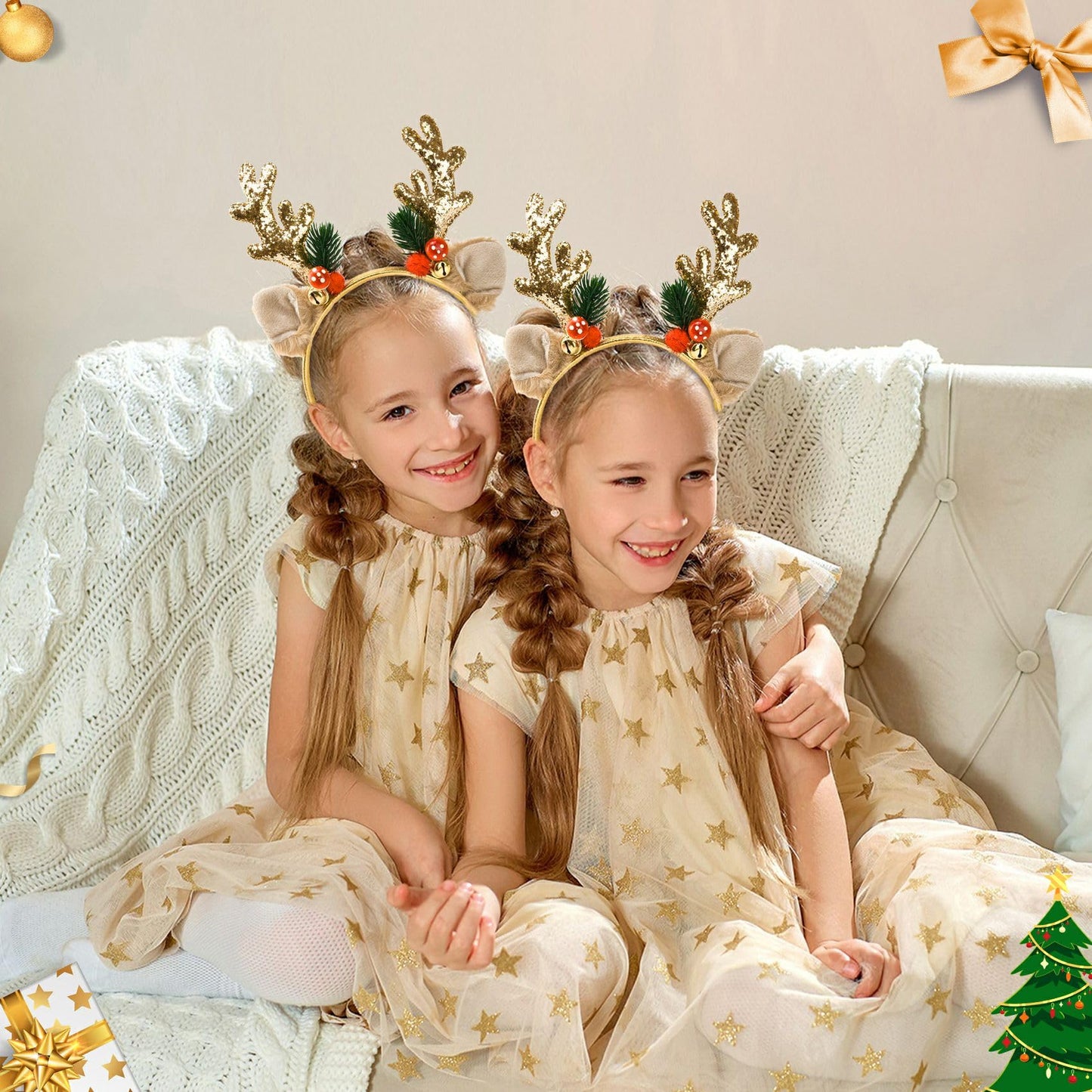 Ychelhr Christmas Headbands, Christmas Glitter Elk Antlers Headbands, Cute Xmas Hair Bands Holiday Party Gift for Girls Women (Gold)