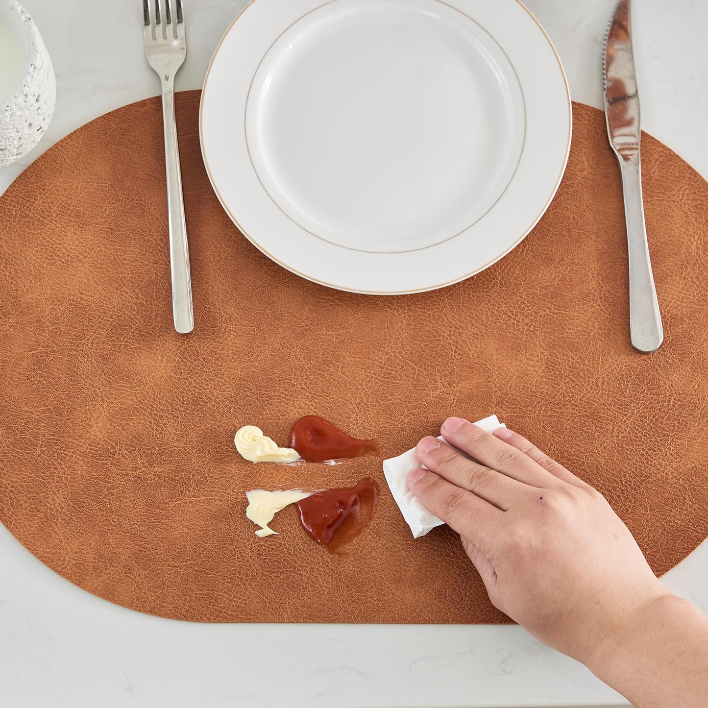 YLUSUJAKX Faux Leather Placemats Set of 6, Heat Resistant Oval Placemats 12" x 18", Waterproof Non-Slip Dining Table Mats for Kitchen Farmhouse Modern Home Decor