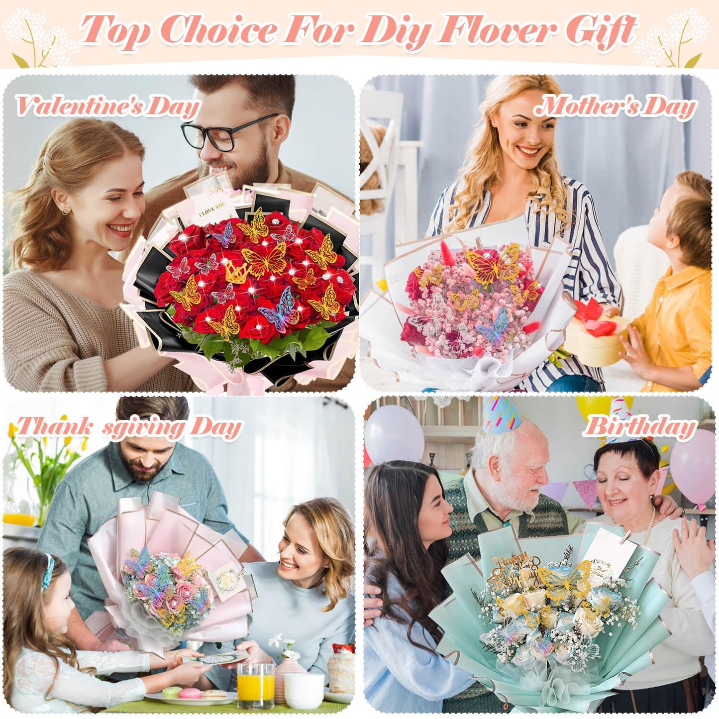 Tetutor 366 pcs Flower Bouquet Wrapping Paper,Waterproof Flower Floral Wrapping Paper Bouquet Sheets With Ribbons Pins 3D Butterflies and Crowns for Florist Wrap