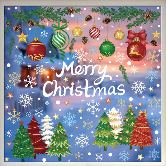 Merry Christmas Window Clings - 5 Sheets 173 Pcs Winter Holiday Window Stickers Christmas Tree Pine Branches Snowflake Decal for Glass Windows for Xmas Classroom Home Office Shop Display