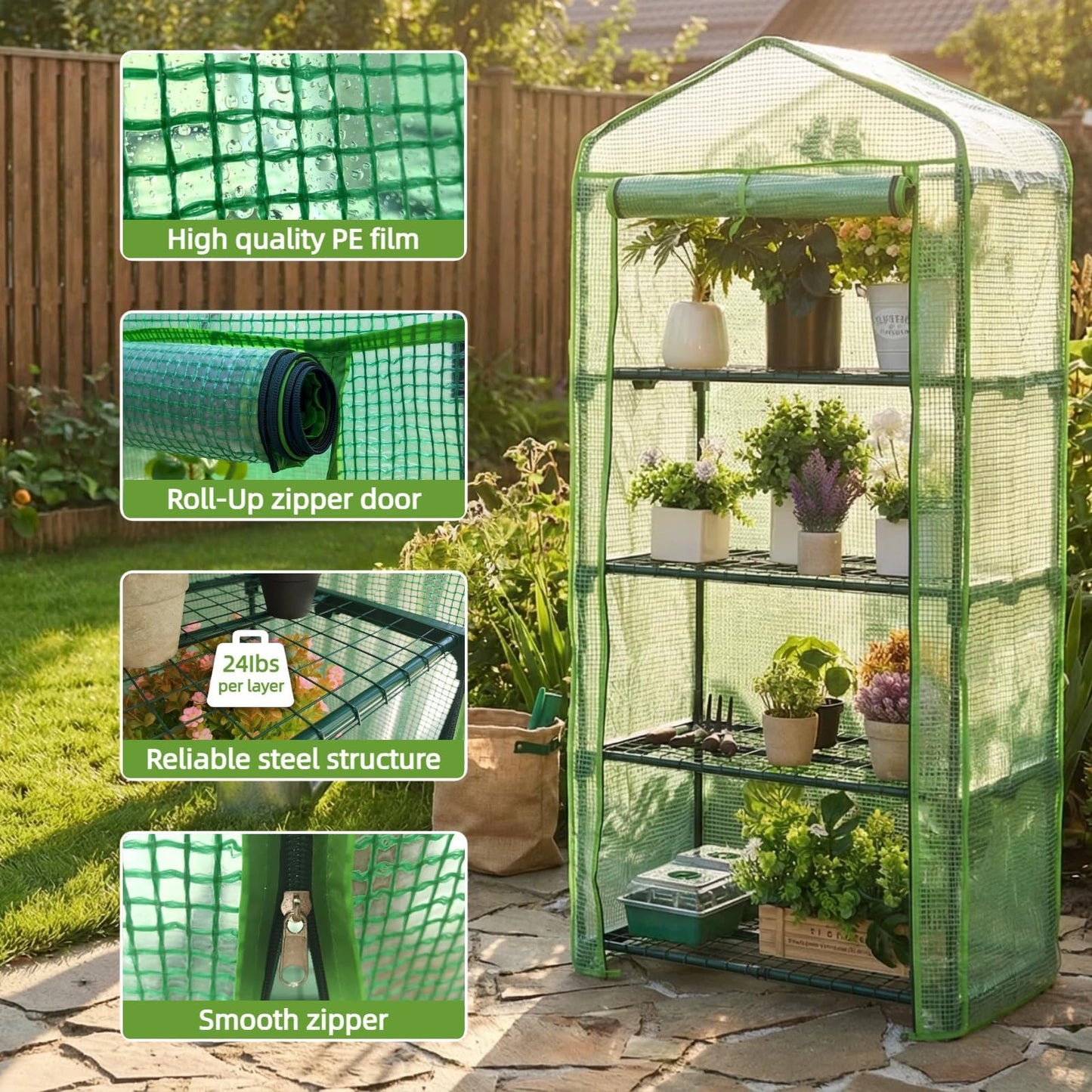 Kelived 4 Tier Mini Greenhouse - Portable Indoor Outdoor Green House with 24lbs Per Shelf, Durable PE Cover & Tool-Free Assembly for Garden Balcony Patio Backyard