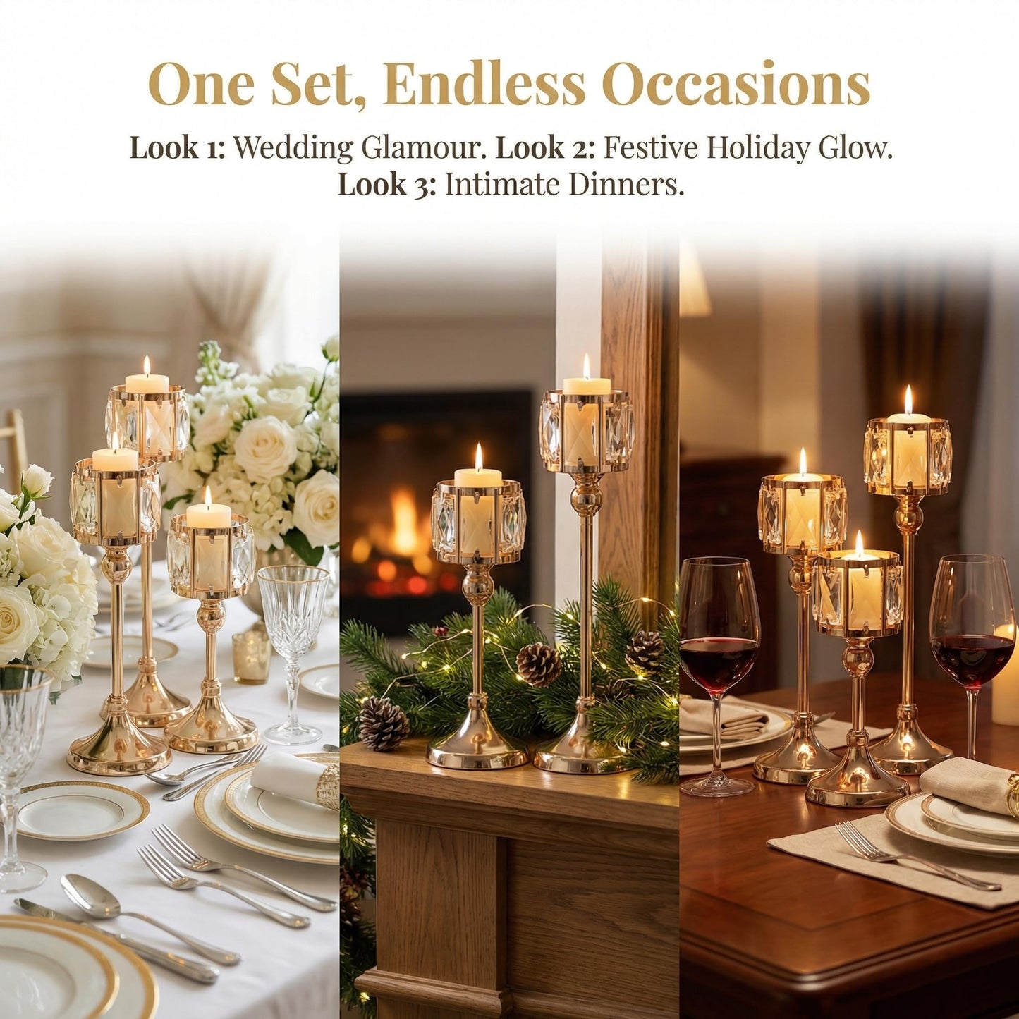 Crystal Tealight Candle Holders,Votive Candle Stands Wedding centerpieces for Tables Crystal Candlestick，Centerpiece Table Decorations (Gold, 3 Sets(9 Pcs))