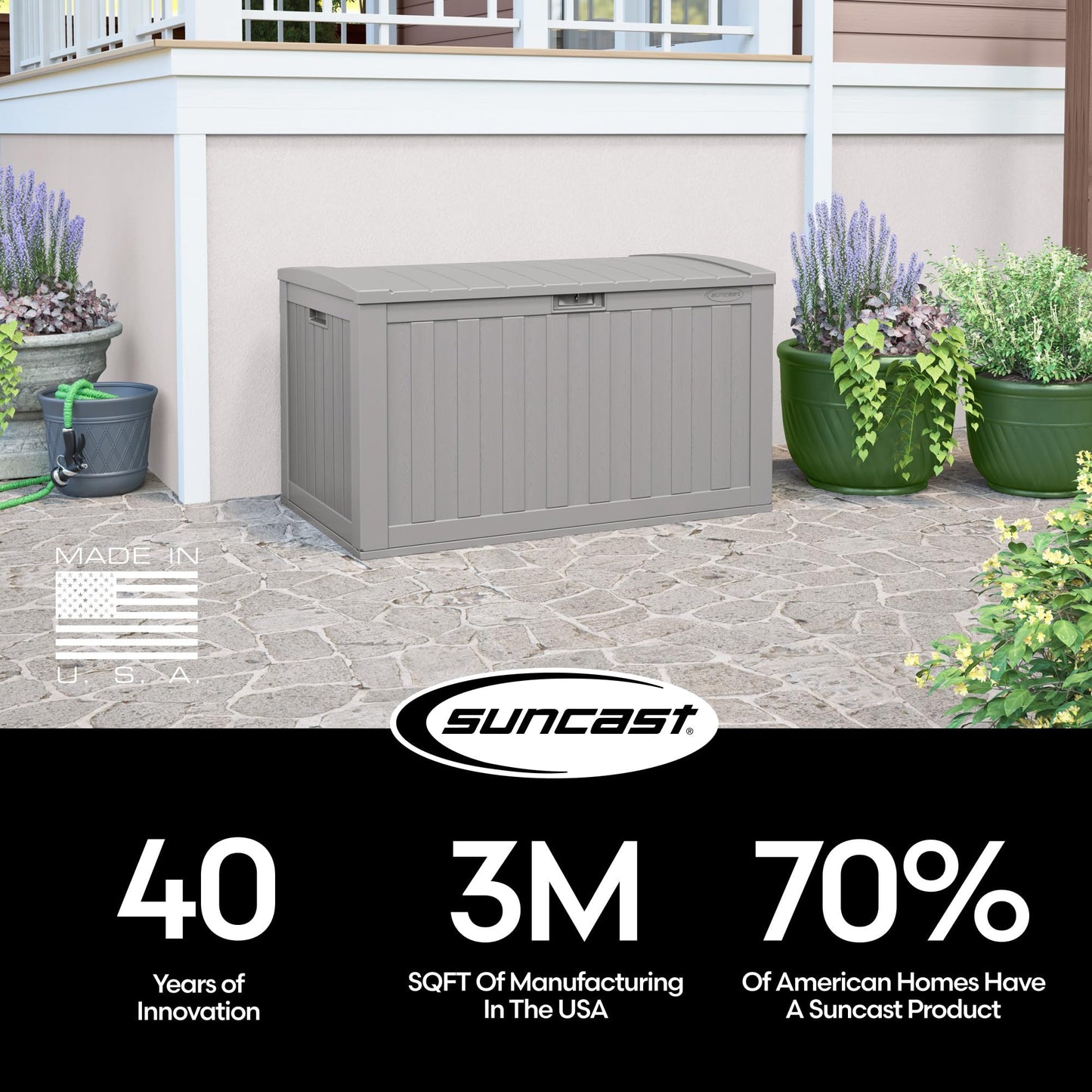 Suncast 134-Gal. Resin Extra-Large Outdoor Patio Deck Box with Pad-Lockable Lid, Modern Outdoor Patio Bench/Storage Box for Cushions, Garden Tools, and More, Dove Gray