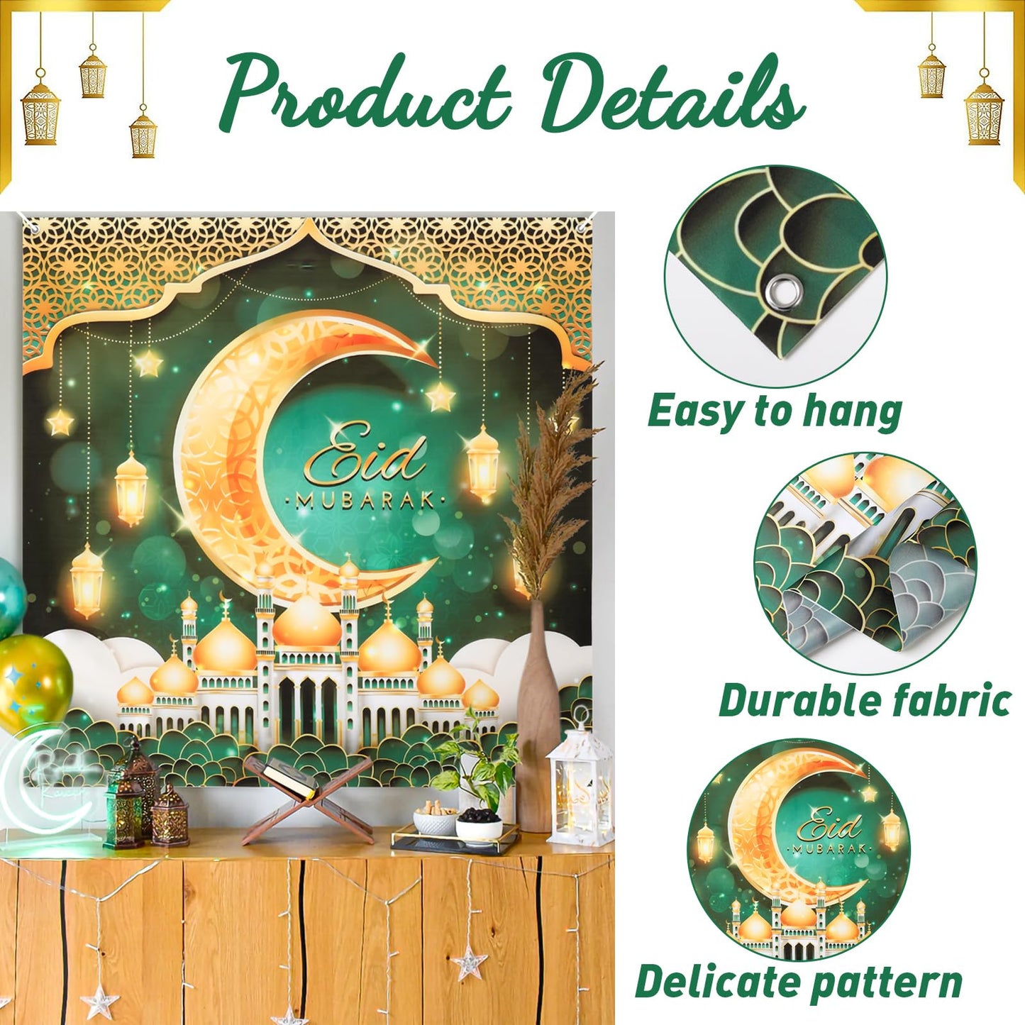 Eid Mubarak Decorations for Home - 74pcs Ramadan Decorations with Green Gold Star Moon Ramadan Balloons and Eid Mubarak Banner for Ramadan Decor
