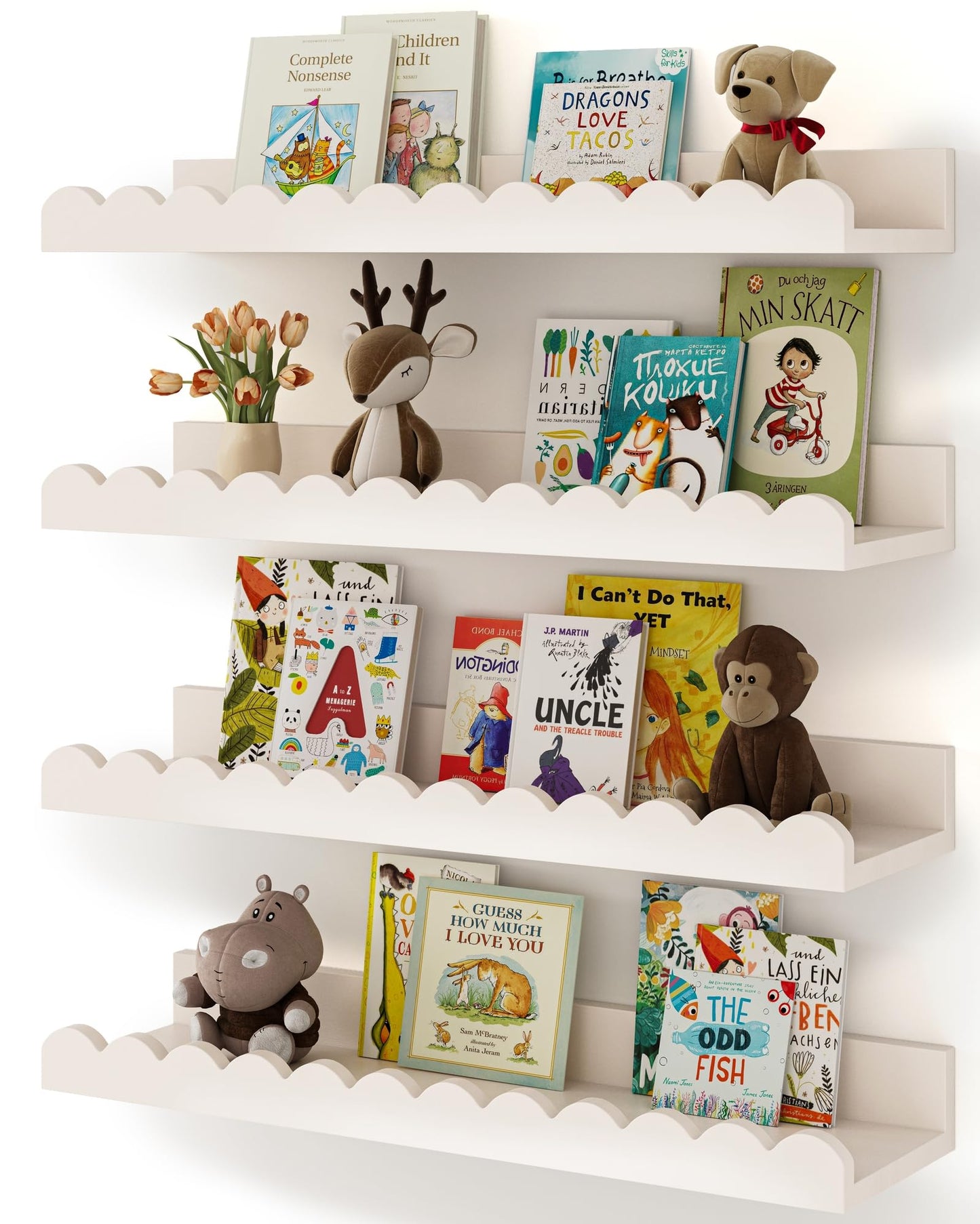 Shario Nursery Book Shelves, 4-Pack White Floating Shelves for Wall Kids, Scalloped Shelves, Wall Book Shelves for Bedroom Kids, Toddler Room, Baby Room, Nursery Decor