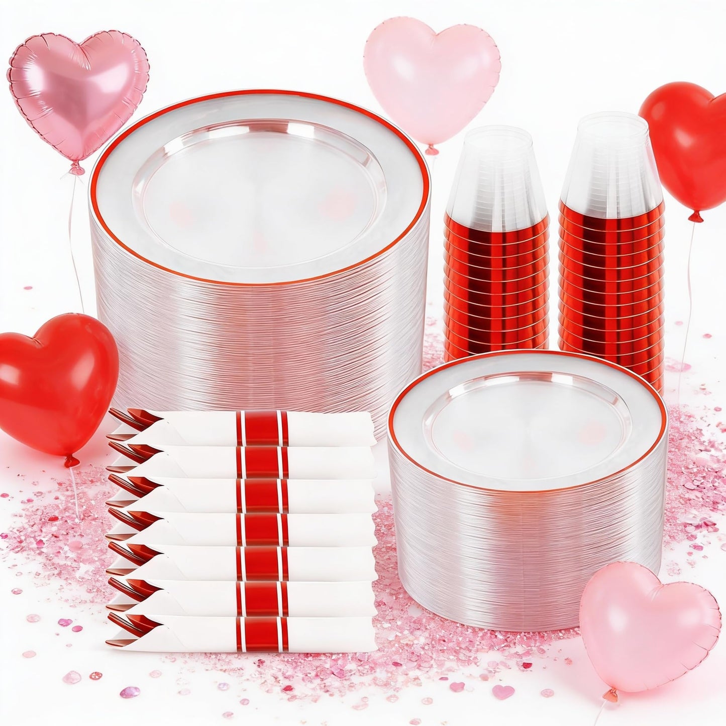 SUT 350 Pcs Red and Clear Plastic Dinnerware Set for 50 Guests, Include: 50 Dinner Plates, 50 Dessert Plates, 50 Pre Rolled Napkins With Silverware, 50 Cups, Disposable Plates for Party