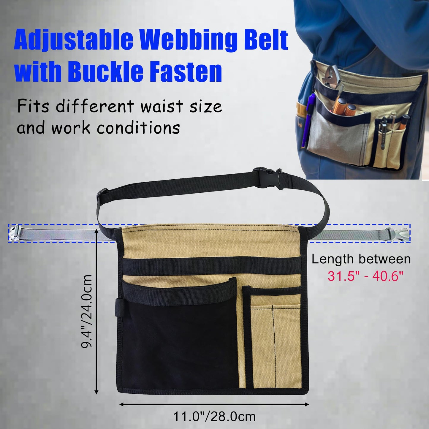5-Pocket Utility Tool Belt Pouch for Men and Women, Adjustable Canvas Waist Belt Bag for Electrician Maintenance Gardening Carpentry, Durable Multi Work Apron for Tools & Accessories (Gray)