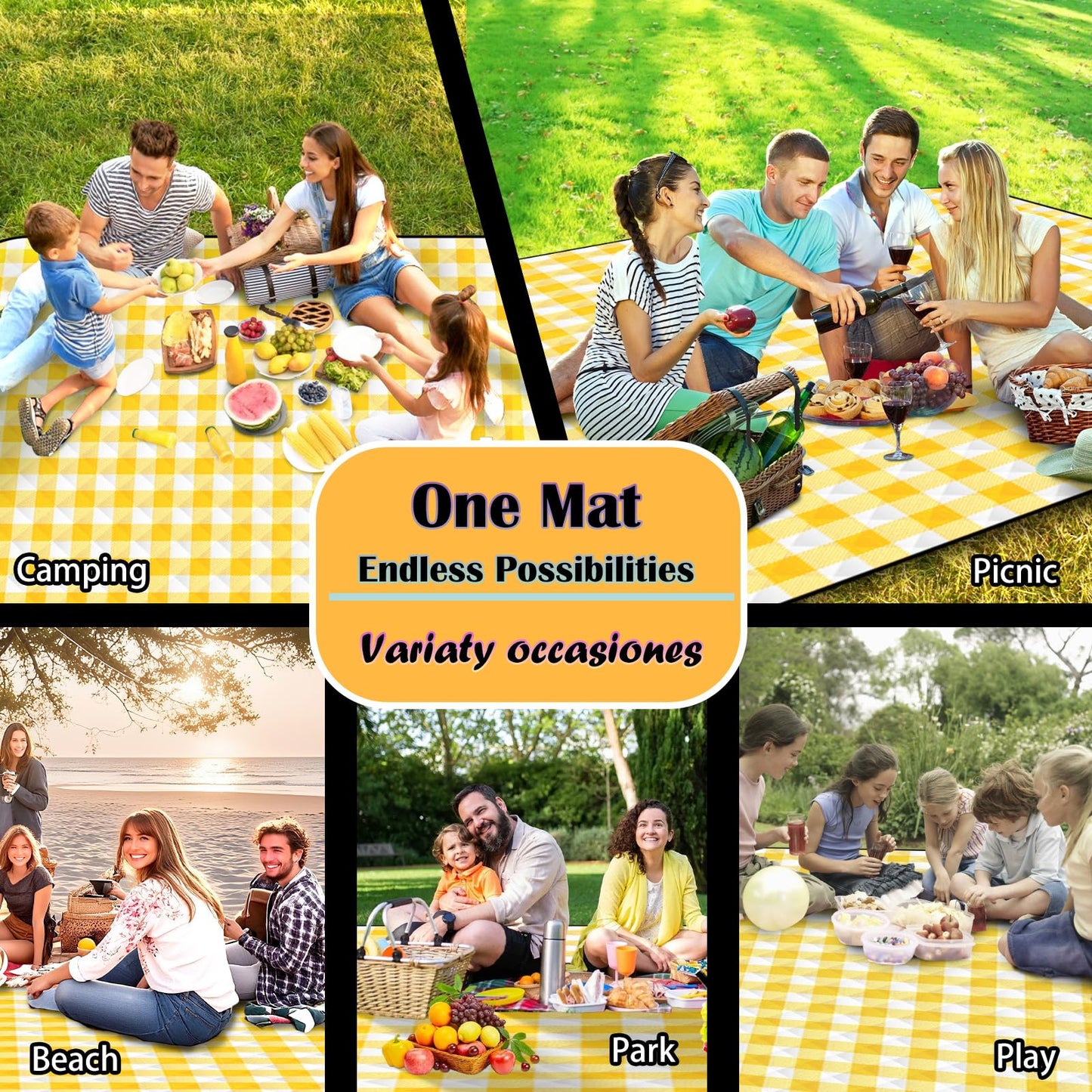 CUNCUI Picnic Outdoor Blankets, Extra Large 79x79in Beach Blanket, Thick 3-Layers Camping Waterproof Mat for Camp Hiking Park, Portable Foldable Rug for Family-Yellow, Sandproof & Machine Washable