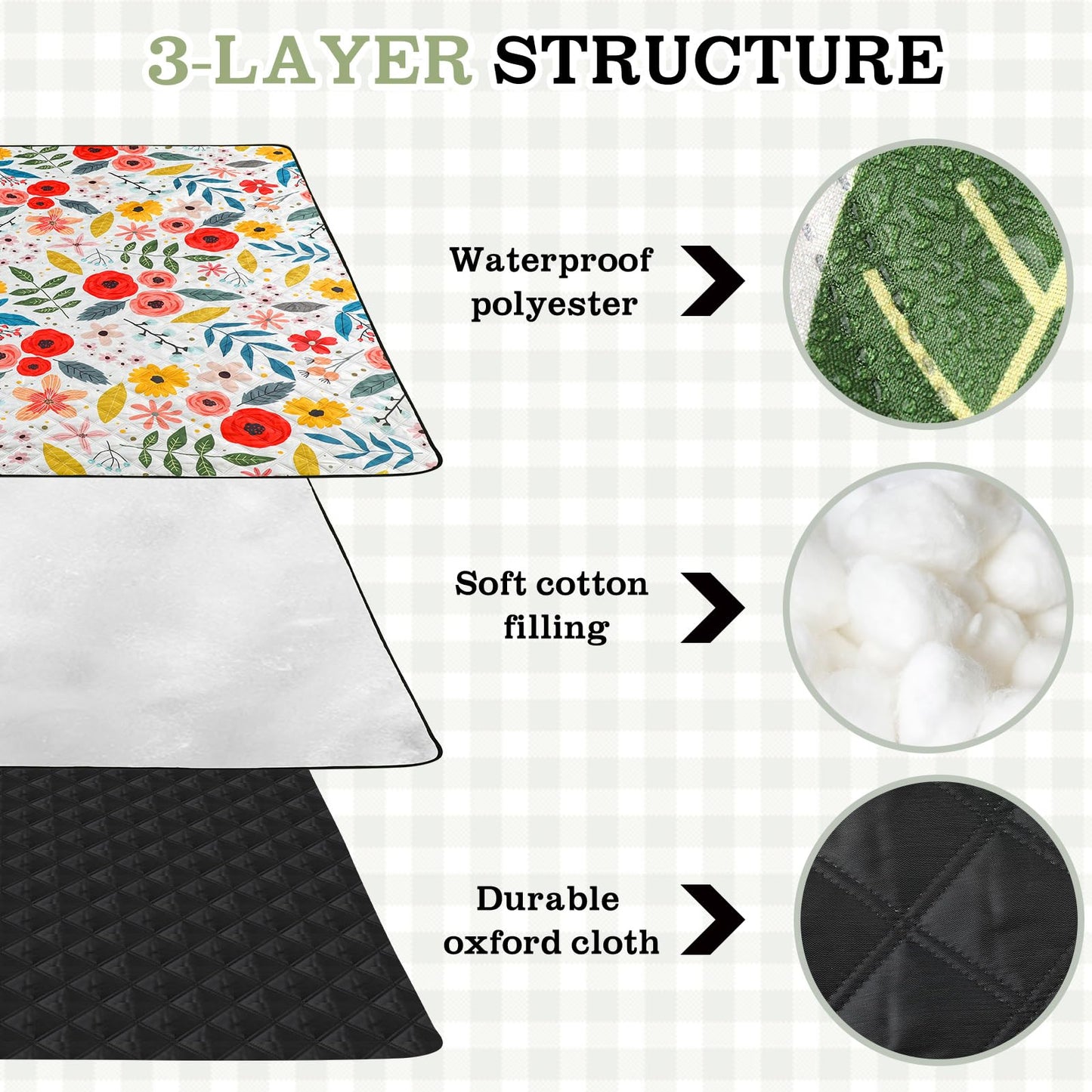 Tegeme Beach Picnic Blanket Floral Waterproof Outdoor Blanket 80''x80'' Extra Large Portable Sandproof Machine Washable 3 Layer Thick Gingham Picnic Mat for Beach Camping Park Grass(Beige)