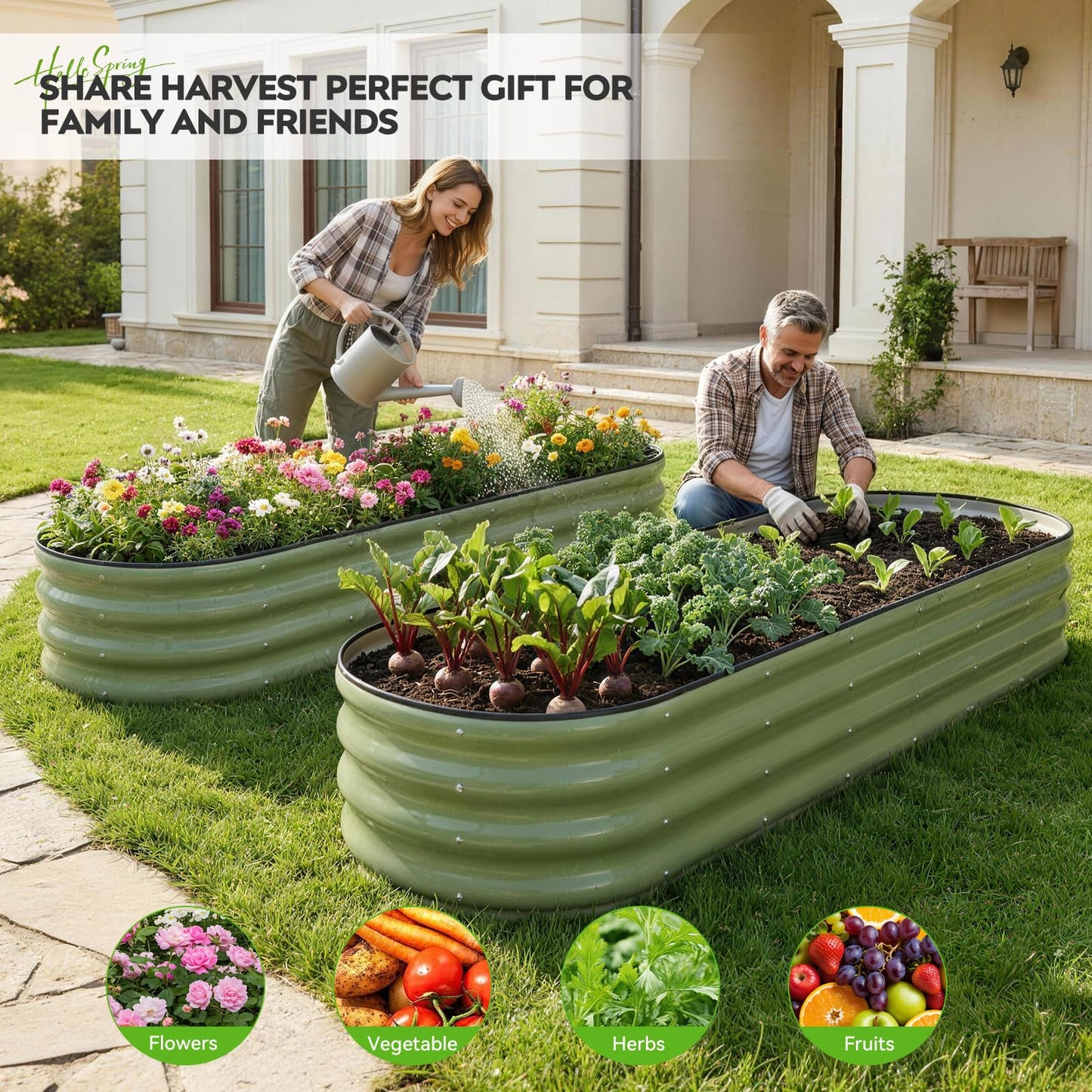 ZORMY Galvanized Raised Garden Bed 1 Pack, 8x2x1ft Oval Metal Planter Box Outdoor with Support Rods & Corner Protection, Planter Beds for Vegetables, Fruits, Flowers (OliveGreen)